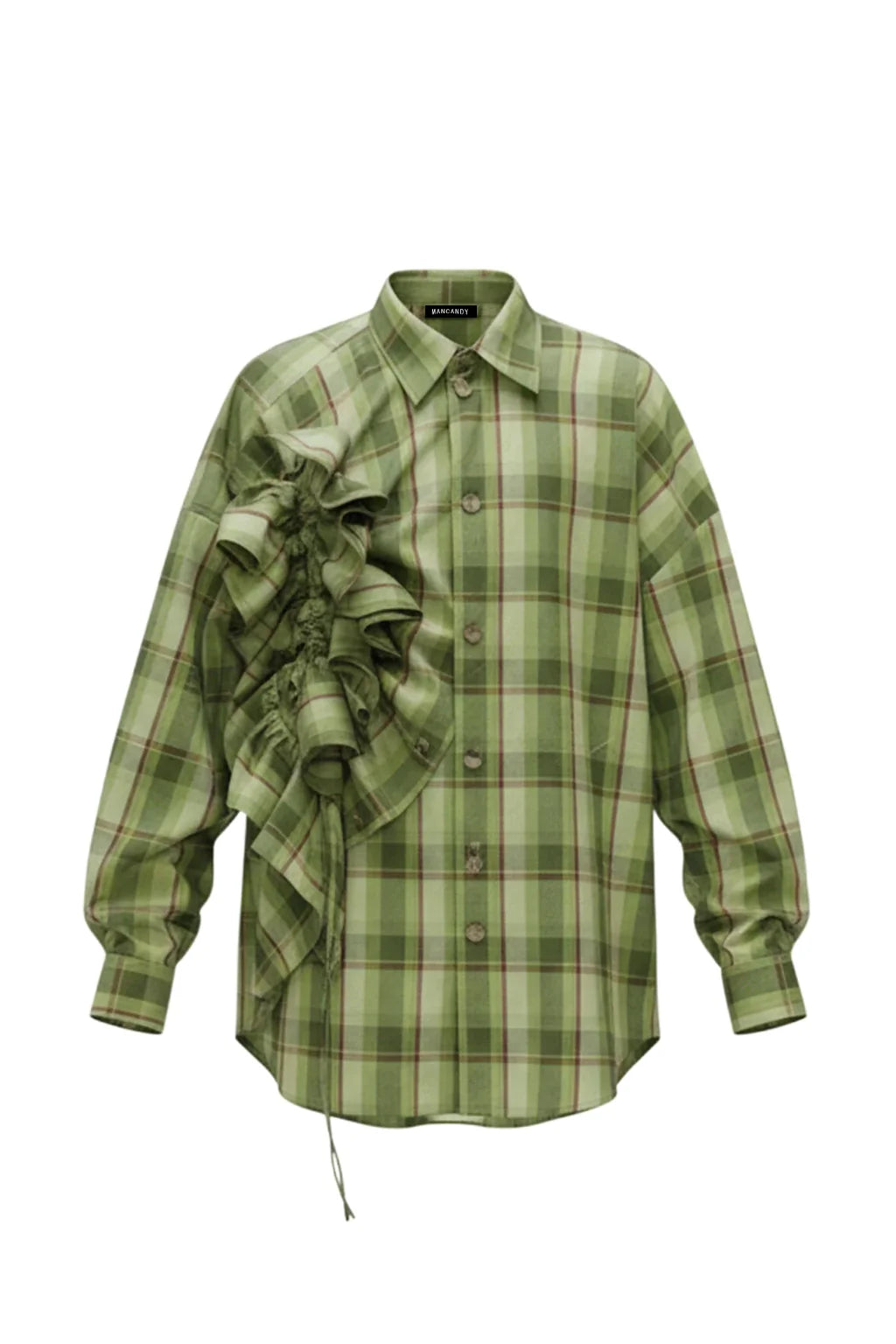 MANCANDY Ruffled Plaid Wide Shirt featuring an adjustable drawstring front drape, oversized silhouette and sculptural volume.