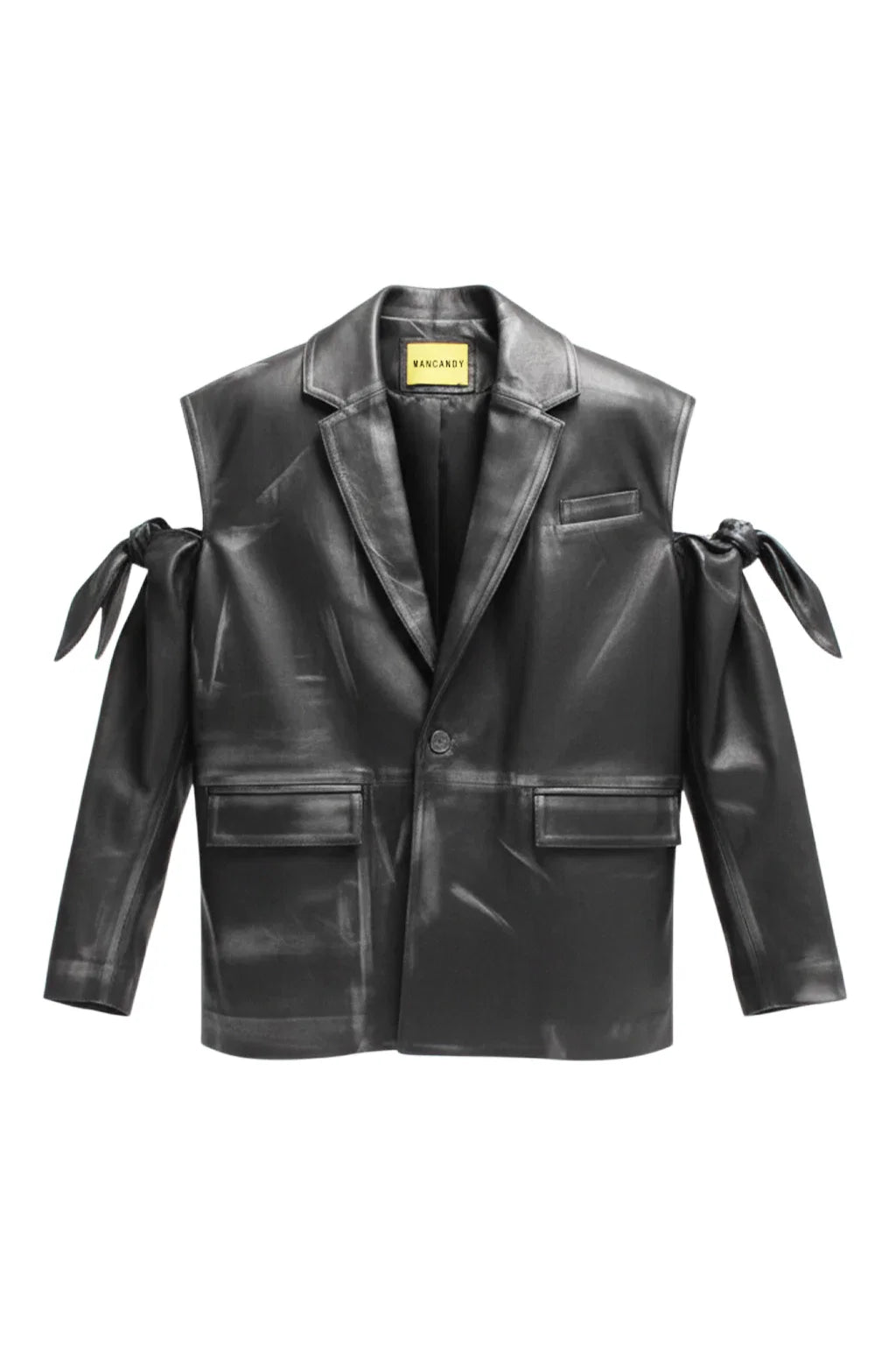 MANCANDY Tied Leather Blazer in hand-finished leather with tie sleeve details