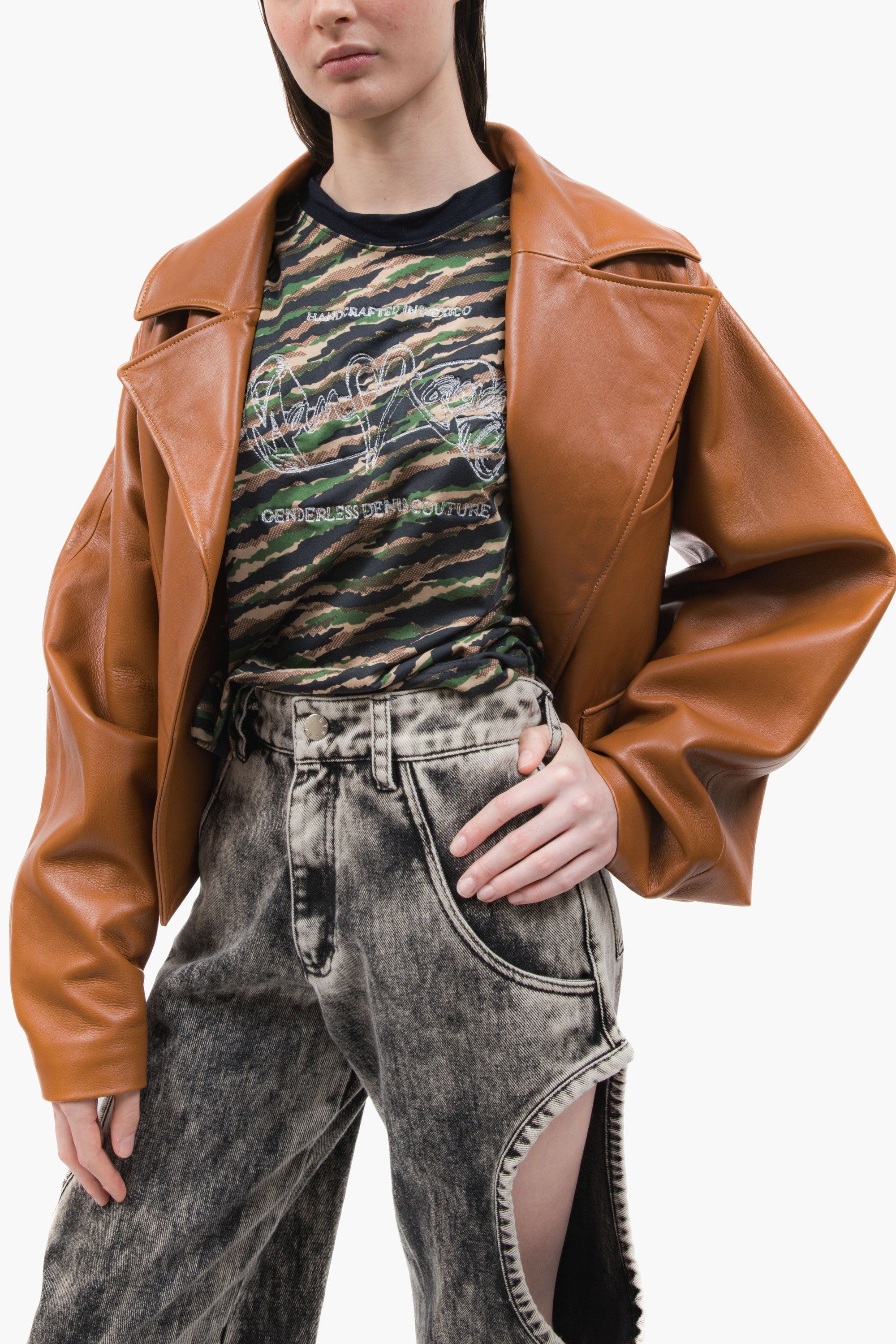 MANCANDY Caramel Wide Leather Jacket in premium grain leather featuring an oversized silhouette, curved sleeves and structured lapels.