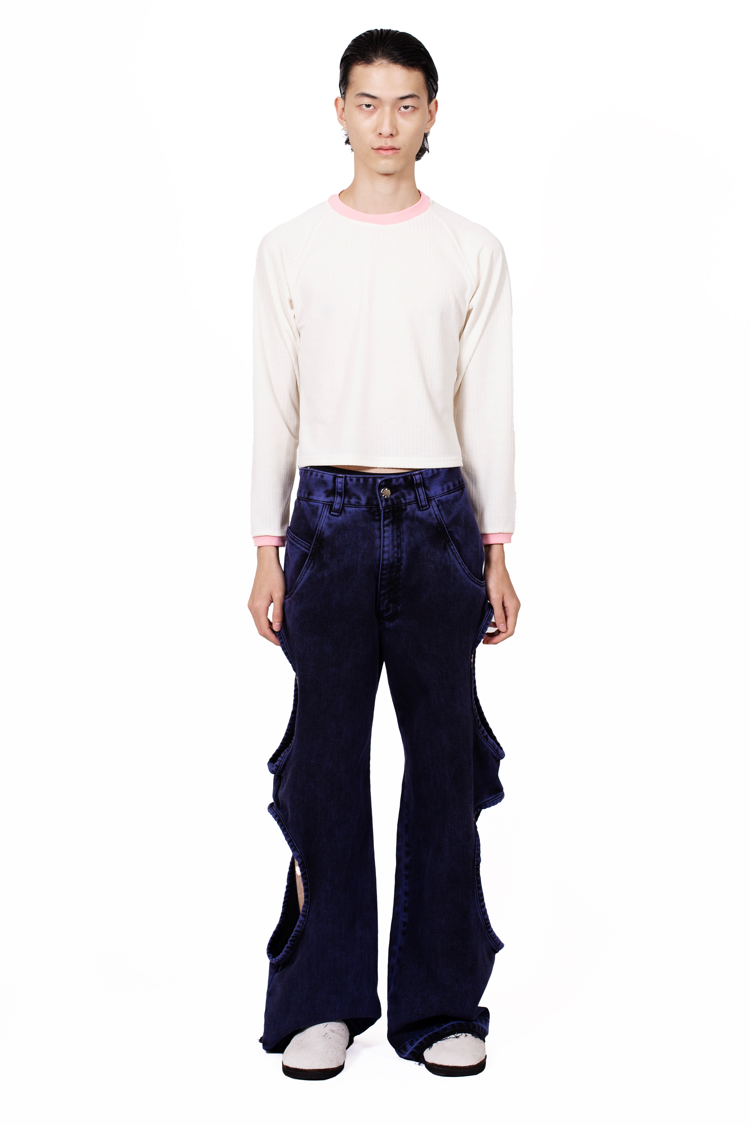 jeans, bite, cotton-denim, purple, acid-wash, flare, cut-out, unisex