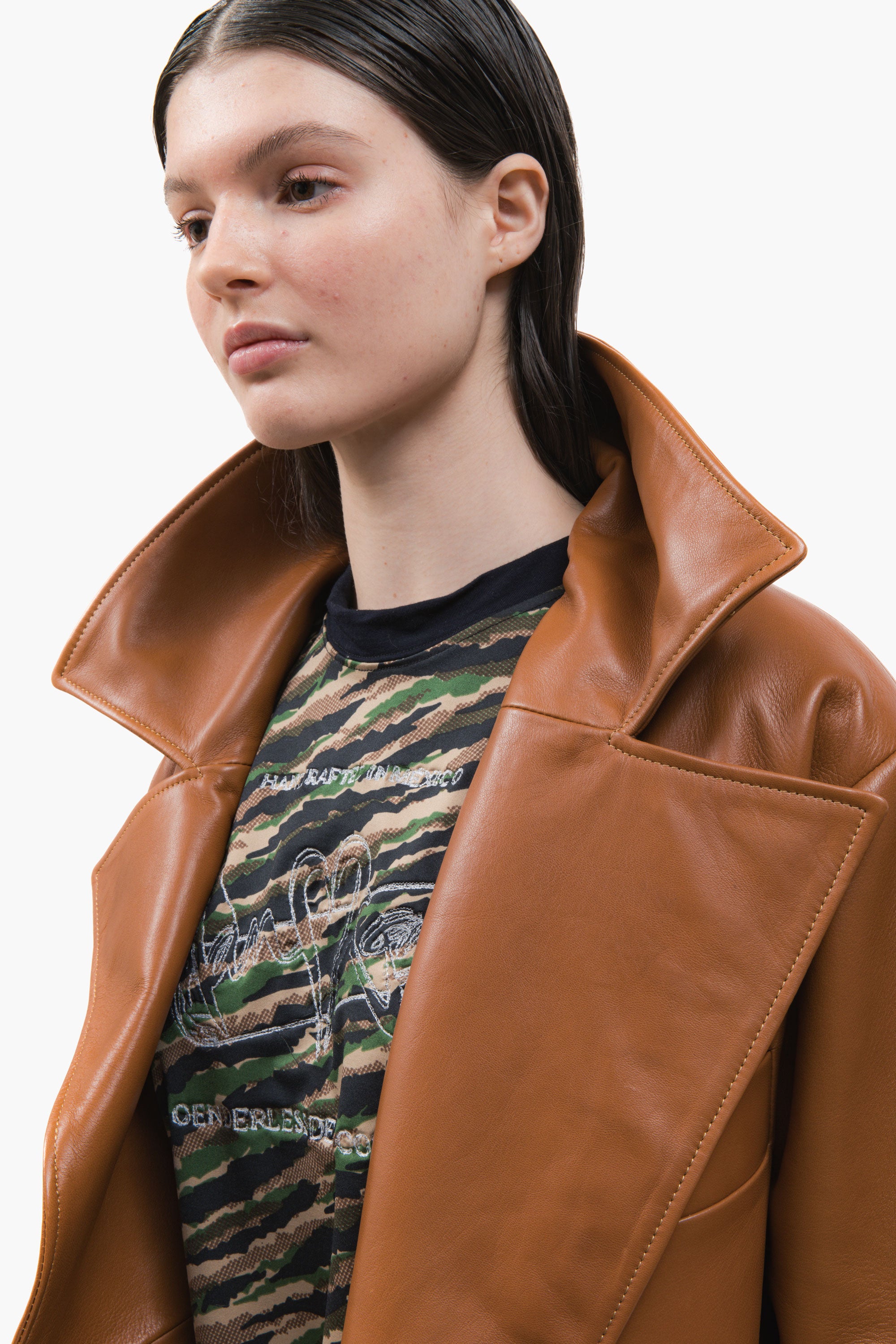 MANCANDY Caramel Wide Leather Jacket in premium grain leather featuring an oversized silhouette, curved sleeves and structured lapels.