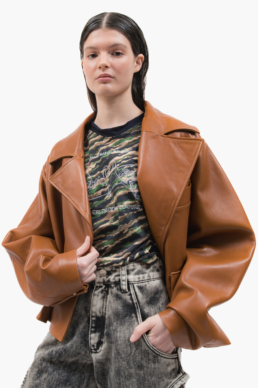 MANCANDY Caramel Wide Leather Jacket in premium grain leather featuring an oversized silhouette, curved sleeves and structured lapels.