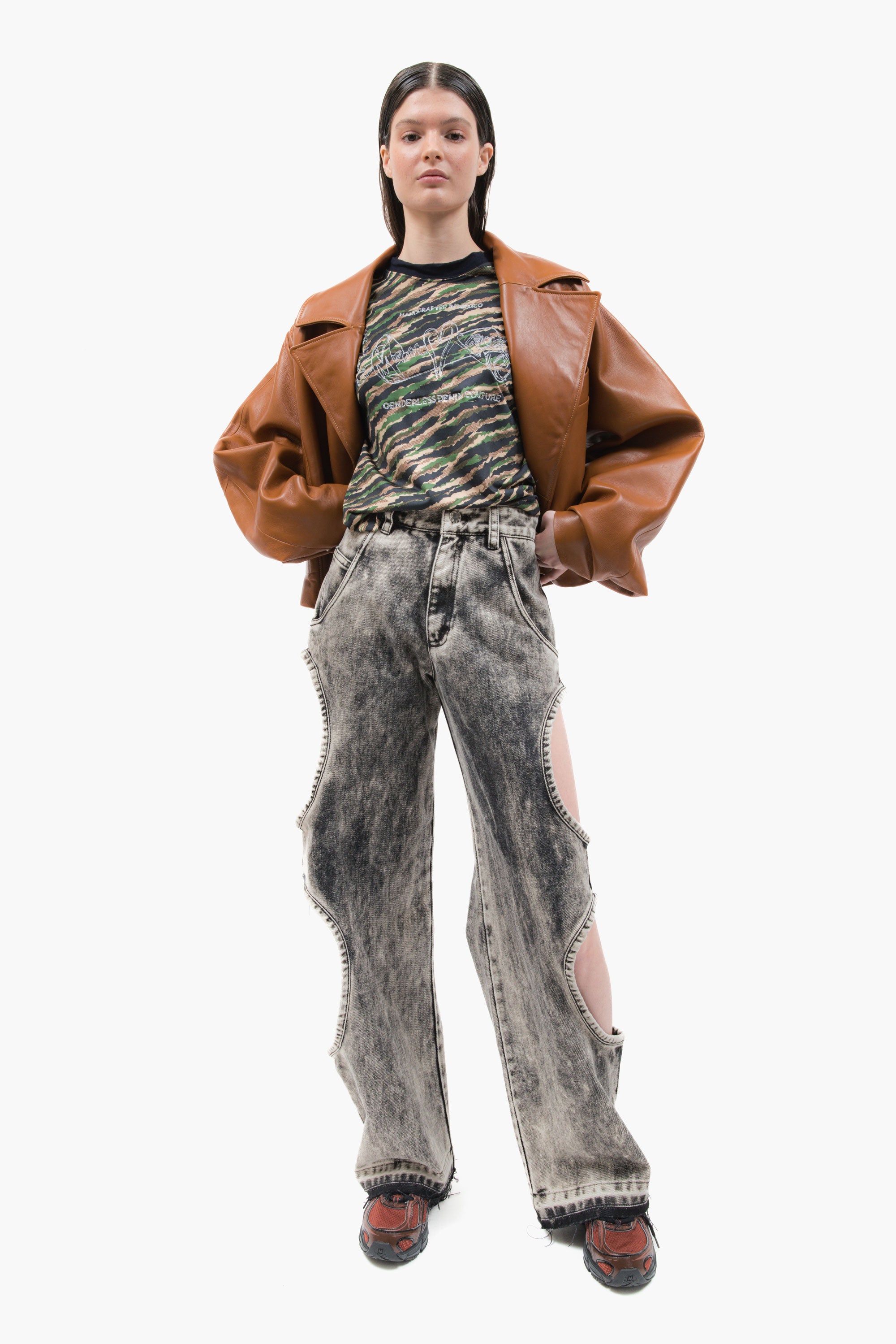 MANCANDY Caramel Wide Leather Jacket in premium grain leather featuring an oversized silhouette, curved sleeves and structured lapels.