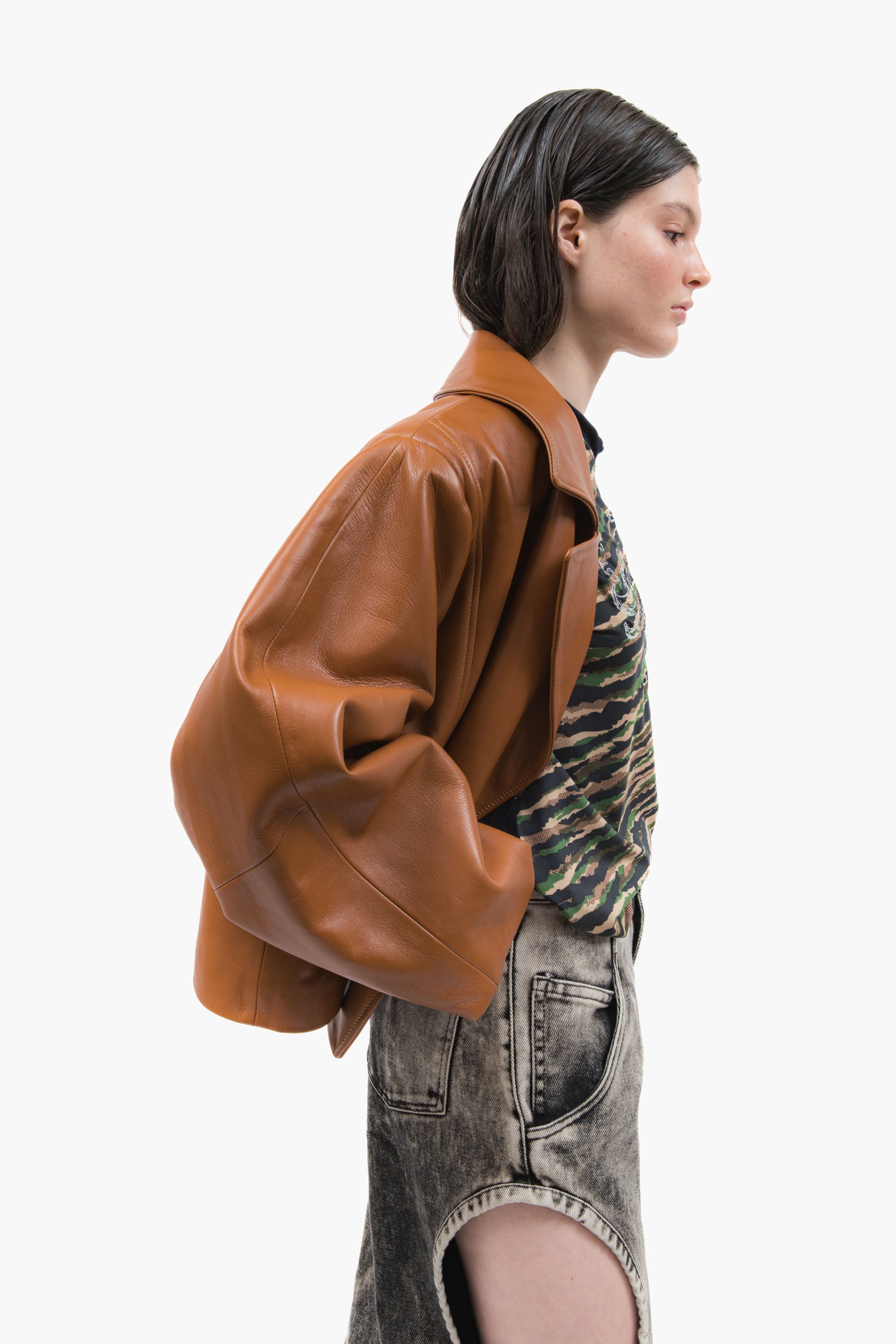 MANCANDY Caramel Wide Leather Jacket in premium grain leather featuring an oversized silhouette, curved sleeves and structured lapels.