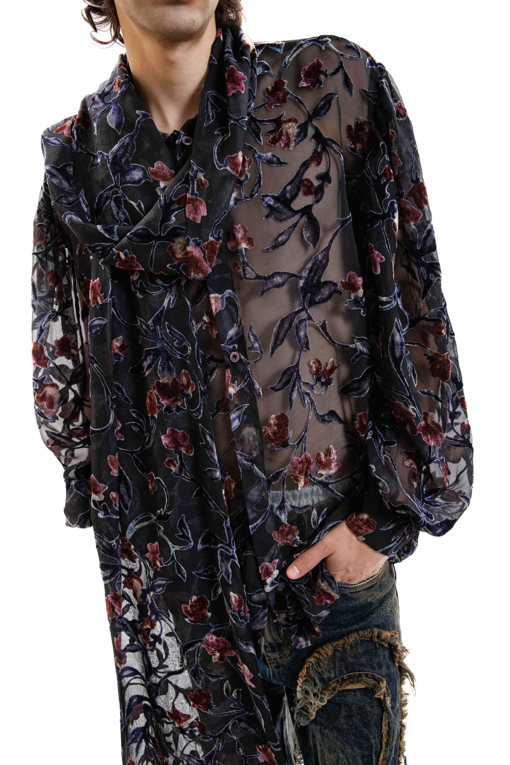 Poet Shirt in sheer organza with velvet floral devoré, scarf collar and oversized silhouette.
