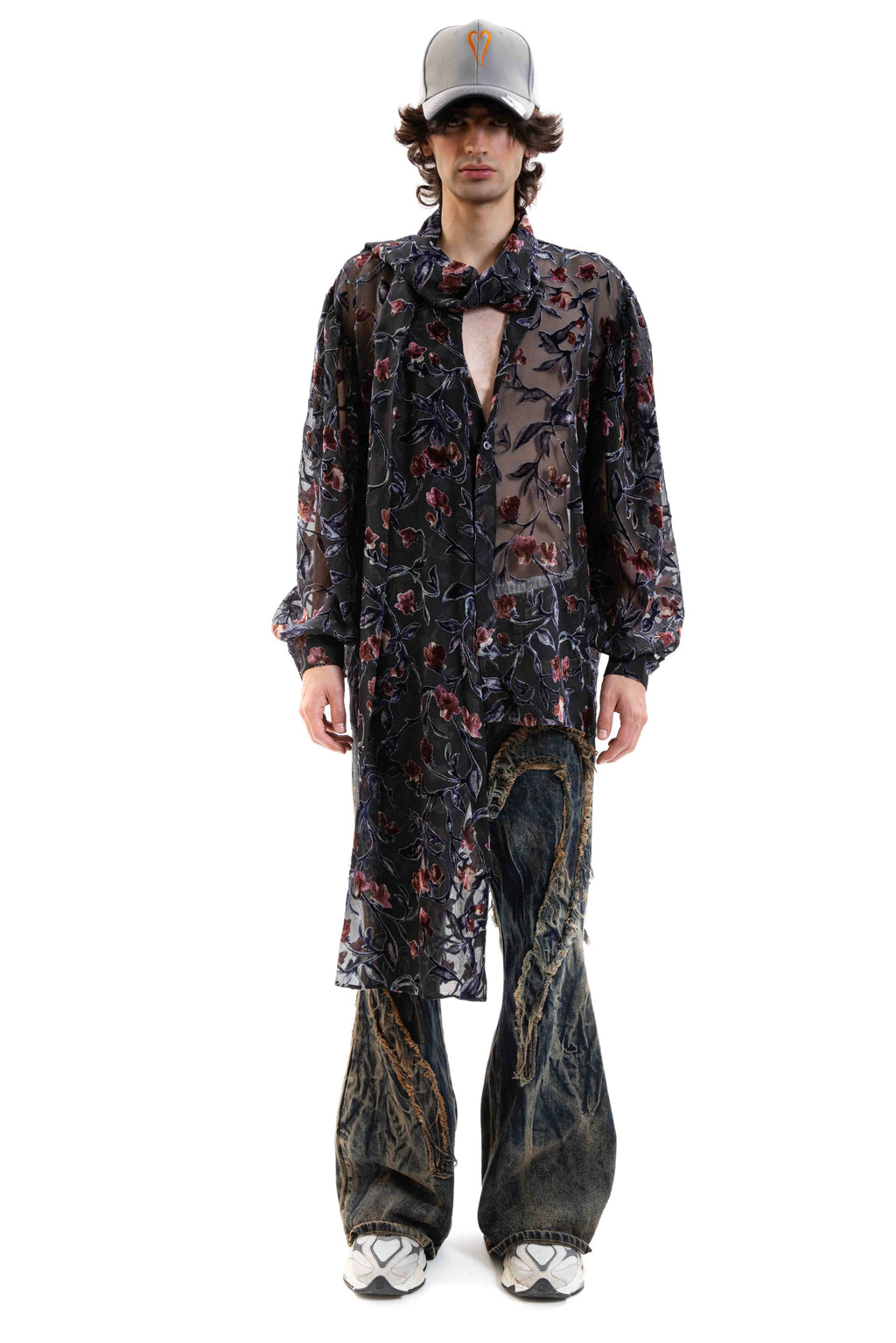 Poet Shirt in sheer organza with velvet floral devoré, scarf collar and oversized silhouette.