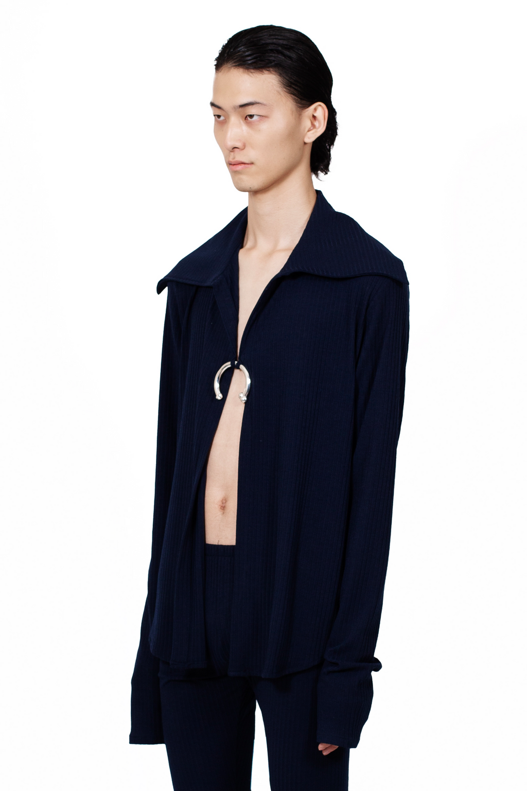 MANCANDY Ring Rib Shirt in cotton rib with oversized collar and handcrafted metal ring closure.