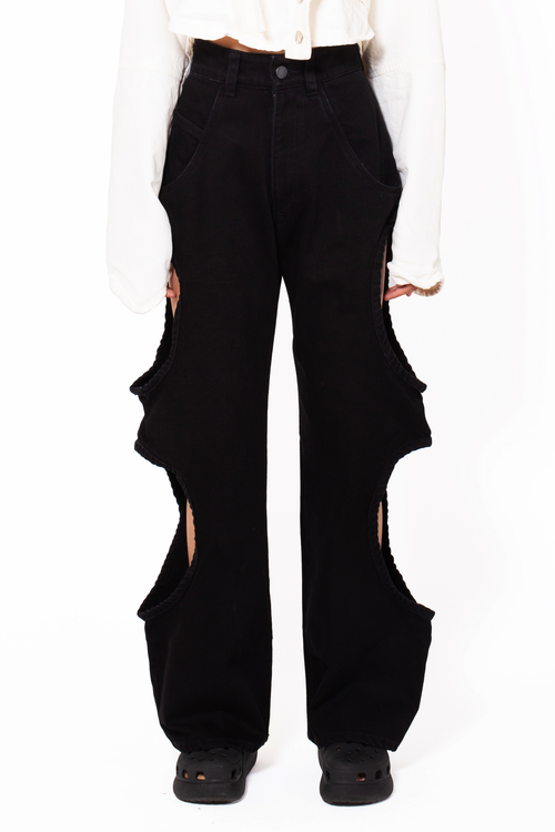 MANCANDY Bite Jeans® Black in cotton denim featuring signature side cut-outs and a flared leg silhouette.