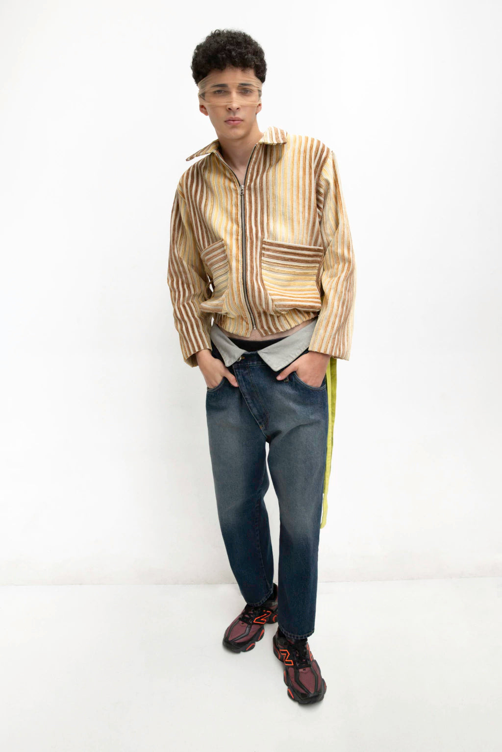 MANCANDY Warm Bomber Jacket in woven striped gabardine with embroidered back artwork and cropped silhouette.