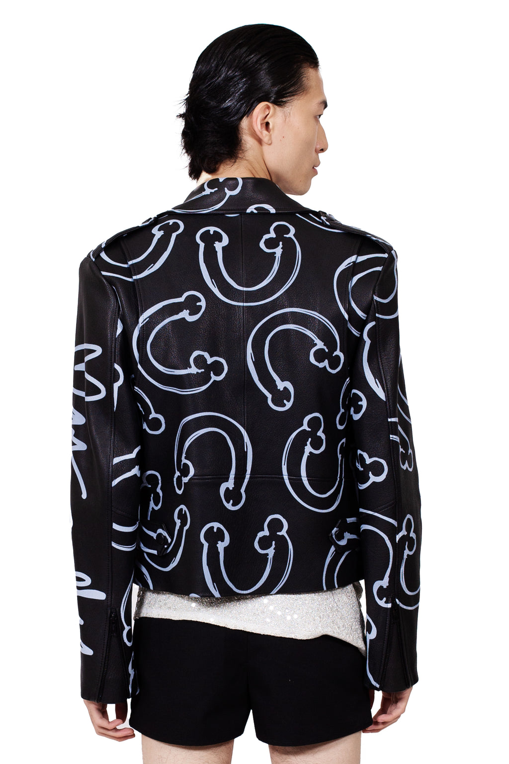 MANCANDY Horseshoe Leather Jacket crafted from printed lambskin leather featuring black metal hardware, zippered pockets, zippered cuffs and an all-over horseshoe graphic.