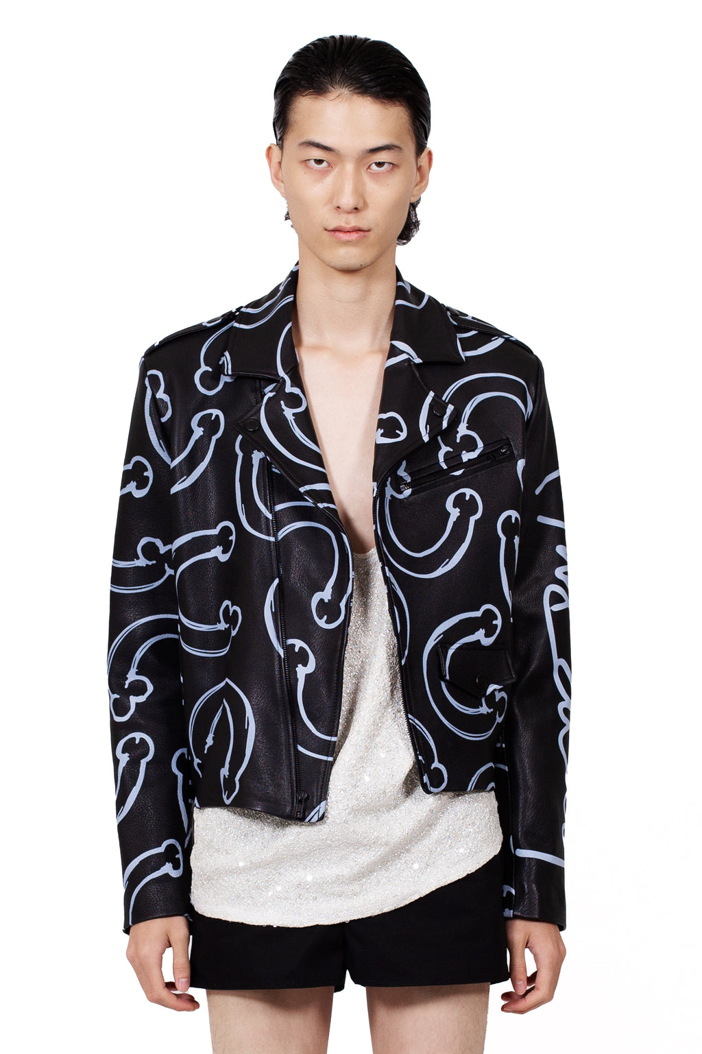 MANCANDY Horseshoe Leather Jacket crafted from printed lambskin leather featuring black metal hardware, zippered pockets, zippered cuffs and an all-over horseshoe graphic.