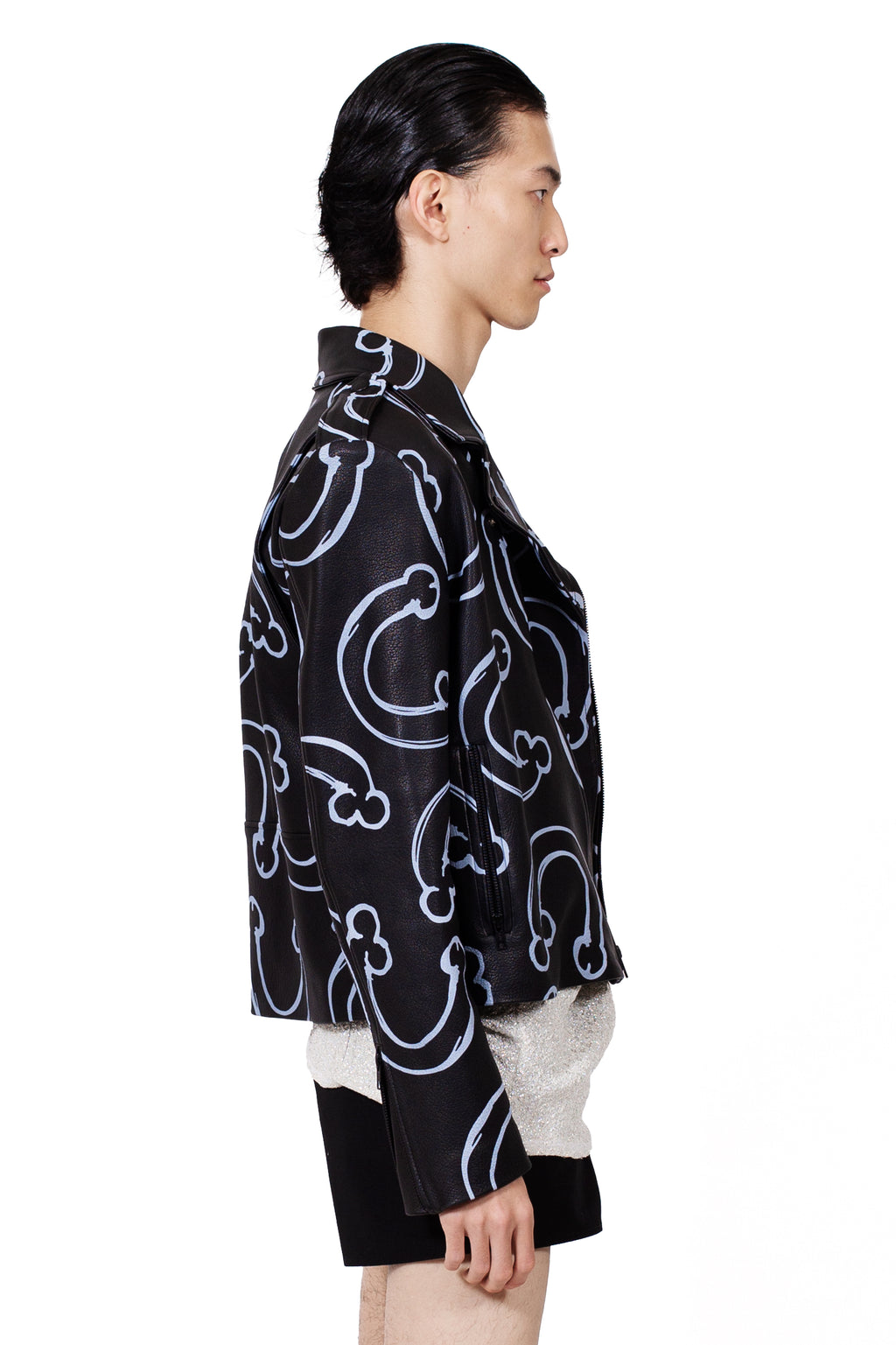 MANCANDY Horseshoe Leather Jacket crafted from printed lambskin leather featuring black metal hardware, zippered pockets, zippered cuffs and an all-over horseshoe graphic.