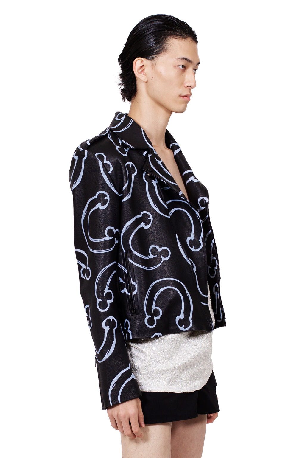 MANCANDY Horseshoe Leather Jacket crafted from printed lambskin leather featuring black metal hardware, zippered pockets, zippered cuffs and an all-over horseshoe graphic.