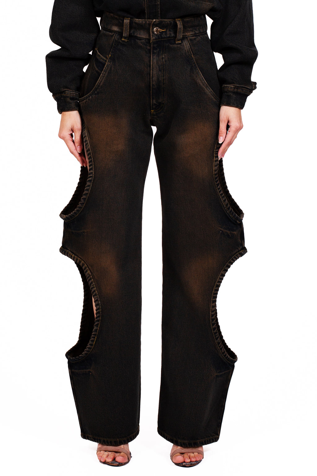 MANCANDY Bite Jeans® Rodeo in indigo brown cotton denim featuring signature side cut-outs and a flared leg silhouette.