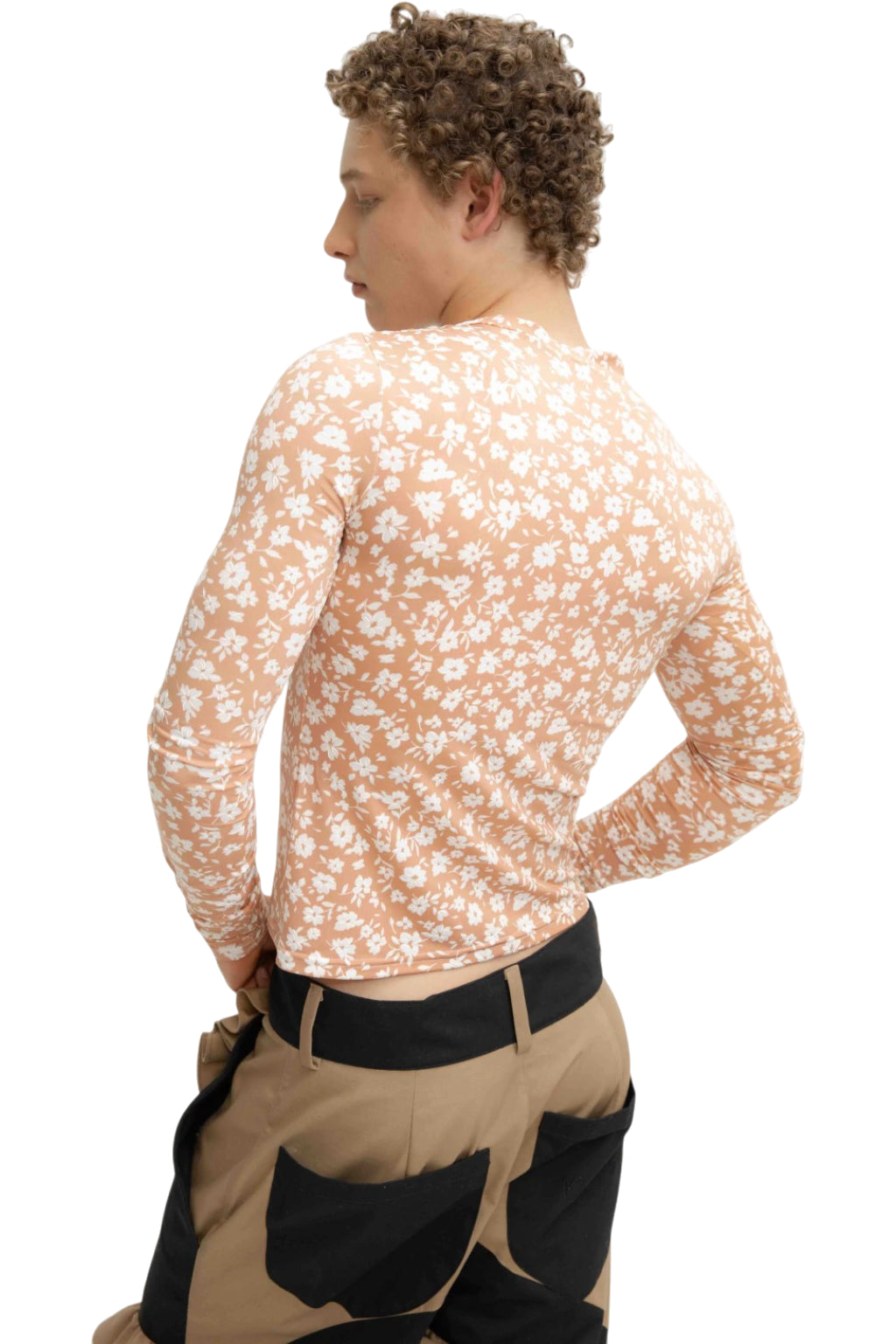 MANCANDY Floral Second Skin Top featuring a nude-toned floral print, fitted silhouette, long sleeves and soft stretch jersey construction.
