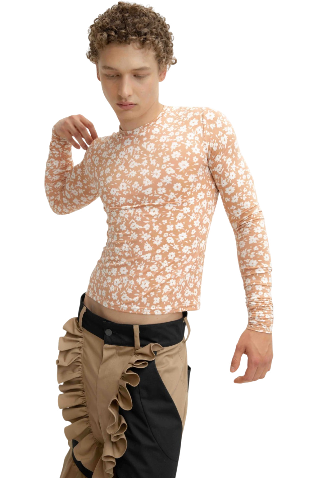 MANCANDY Floral Second Skin Top featuring a nude-toned floral print, fitted silhouette, long sleeves and soft stretch jersey construction.