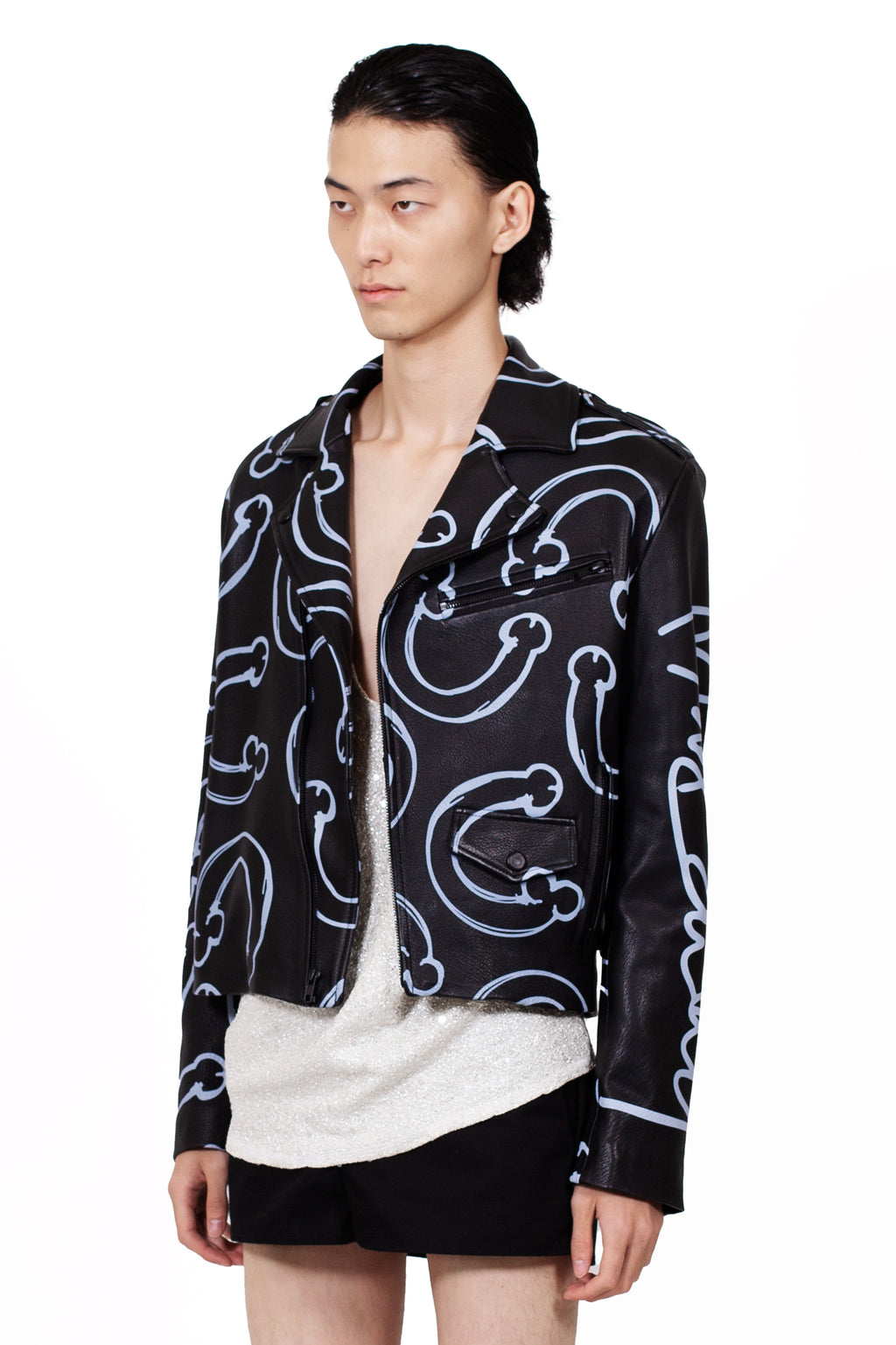 MANCANDY Horseshoe Leather Jacket crafted from printed lambskin leather featuring black metal hardware, zippered pockets, zippered cuffs and an all-over horseshoe graphic.