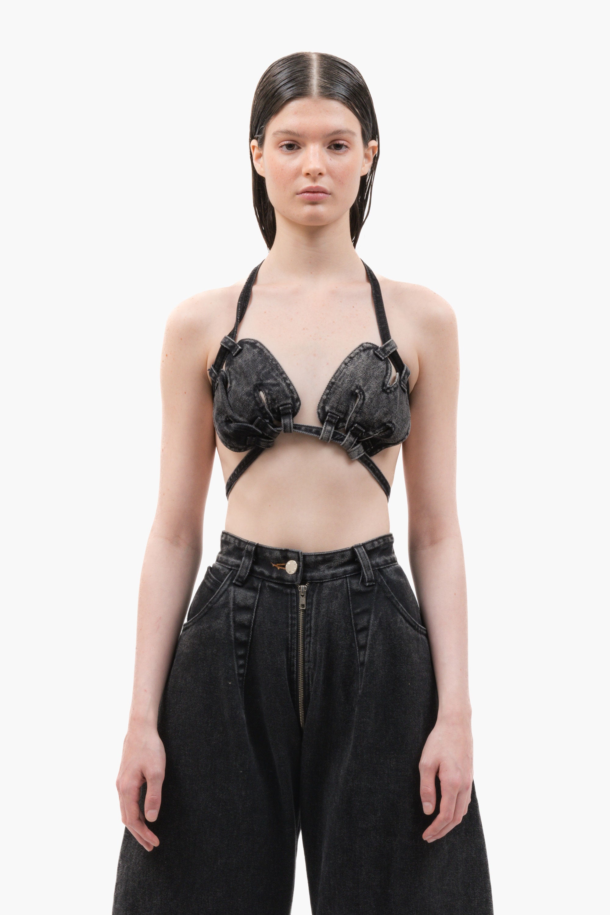 MANCANDY M Denim Top in black washed denim featuring M-shaped belt loop construction, halter neckline and adjustable ties.