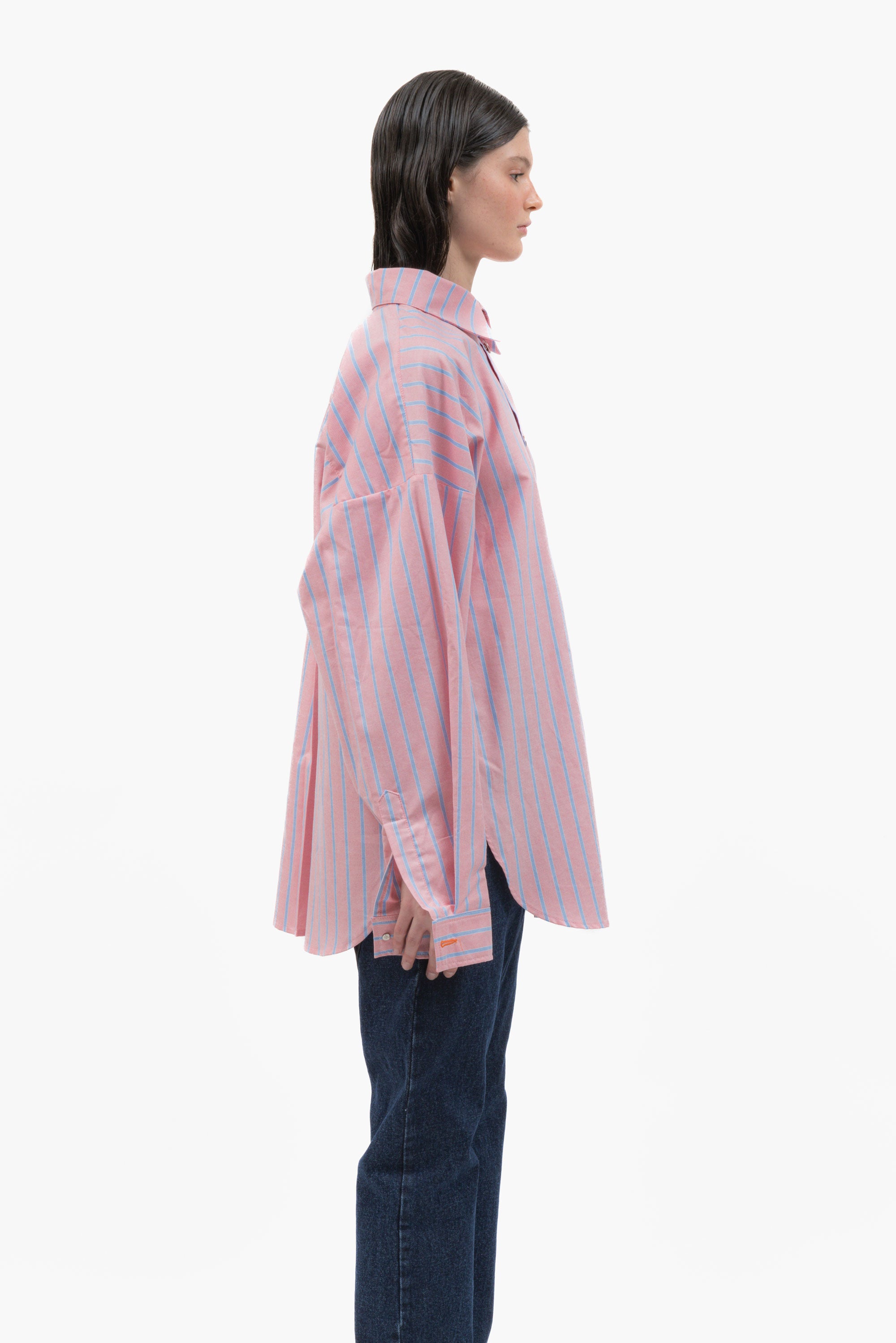 MANCANDY Monday Shirt in pink striped cotton featuring an oversized fit and orange Bladed Heart embroidery on the chest.