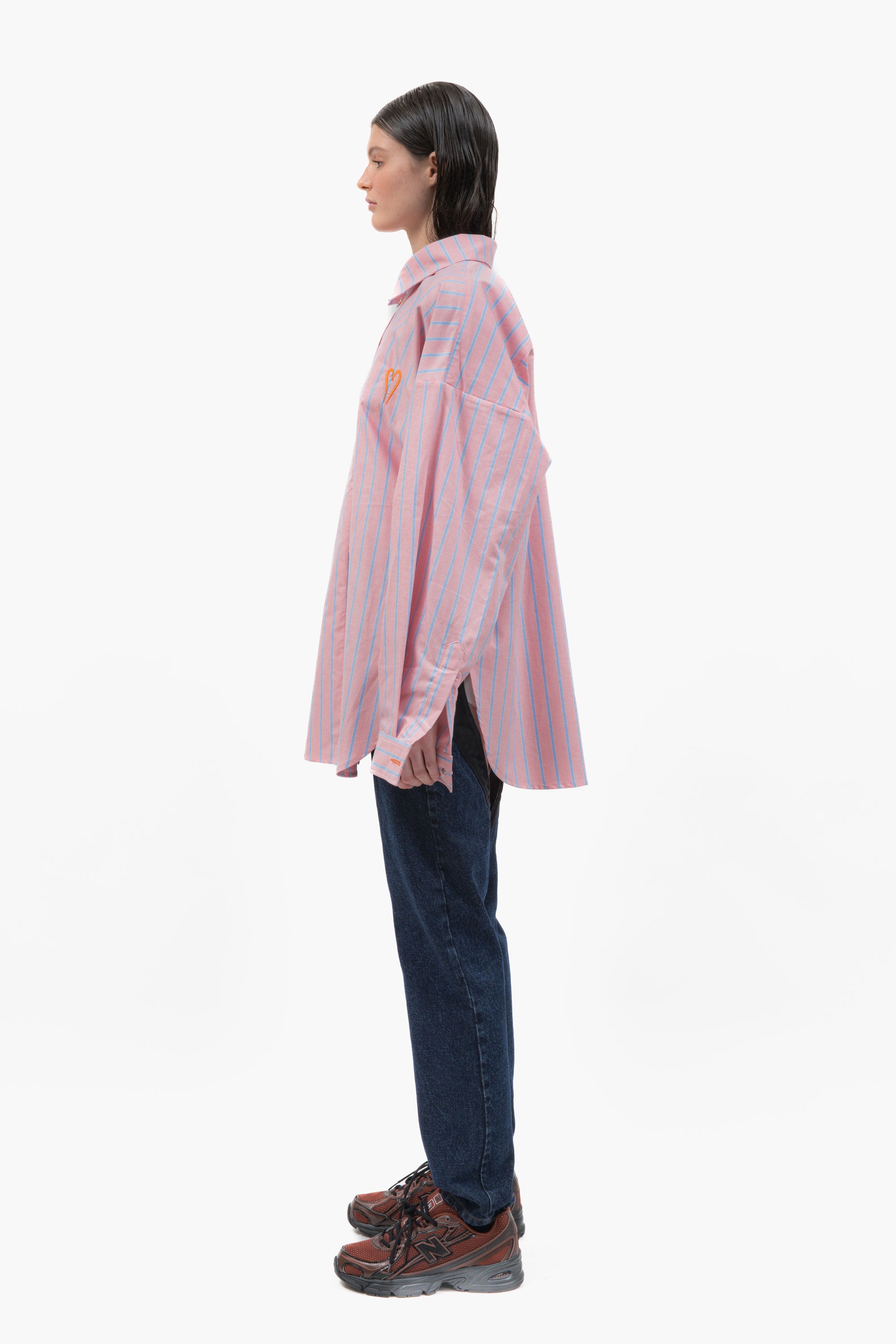 MANCANDY Monday Shirt in pink striped cotton featuring an oversized fit and orange Bladed Heart embroidery on the chest.