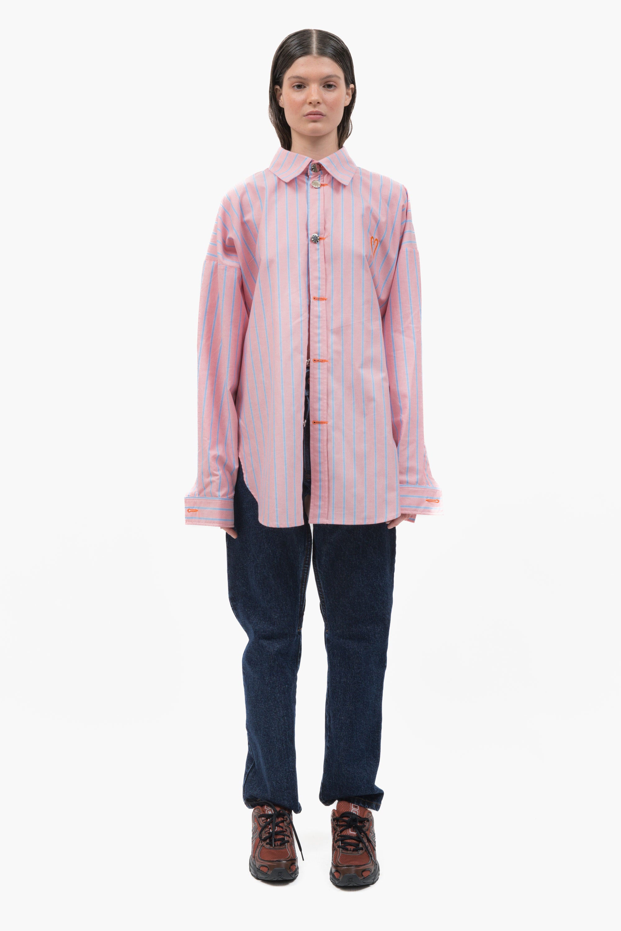 MANCANDY Monday Shirt in pink striped cotton featuring an oversized fit and orange Bladed Heart embroidery on the chest.