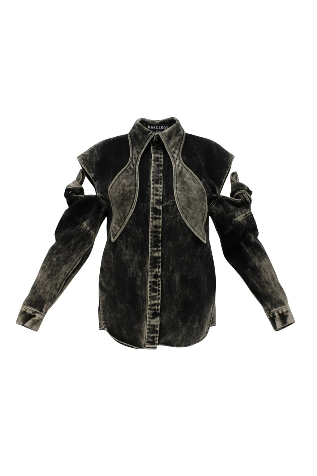 Transformable acid wash denim shirt by MANCANDY featuring integrated tie sleeves, architectural shoulders and a convertible vest-like silhouette.