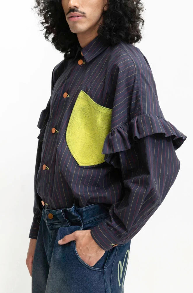 MANCANDY Neon Pocket Pinstripe Shirt in navy multi-pinstripe cotton with sculptural sleeves and contrast neon chest pocket.
