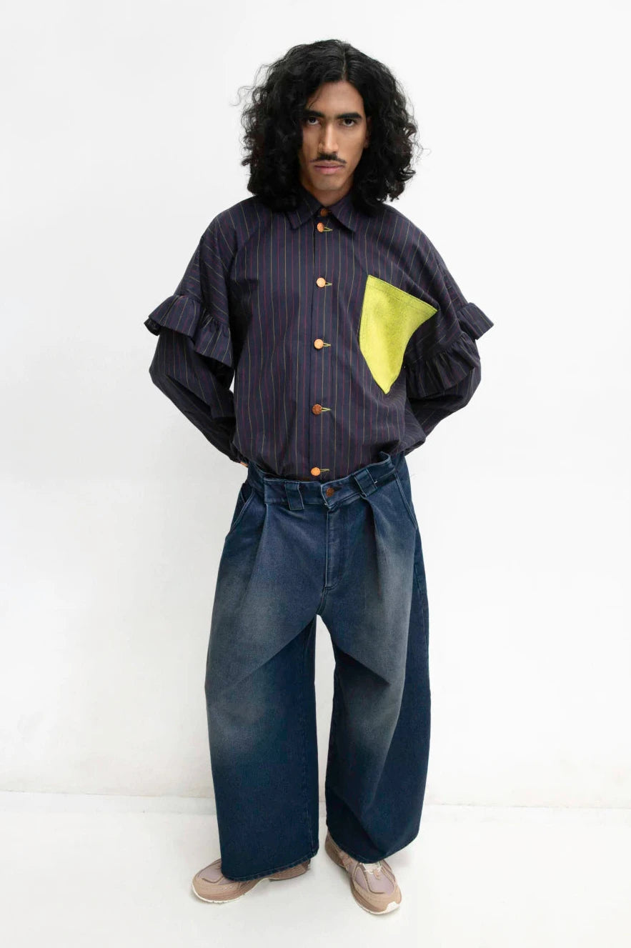 MANCANDY Neon Pocket Pinstripe Shirt in navy multi-pinstripe cotton with sculptural sleeves and contrast neon chest pocket.