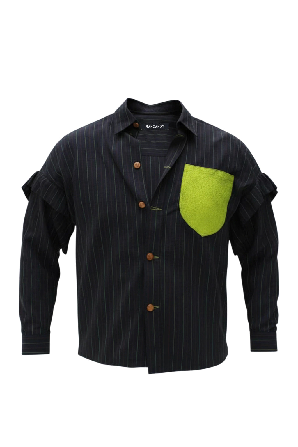 MANCANDY Neon Pocket Pinstripe Shirt in navy multi-pinstripe cotton with sculptural sleeves and contrast neon chest pocket.