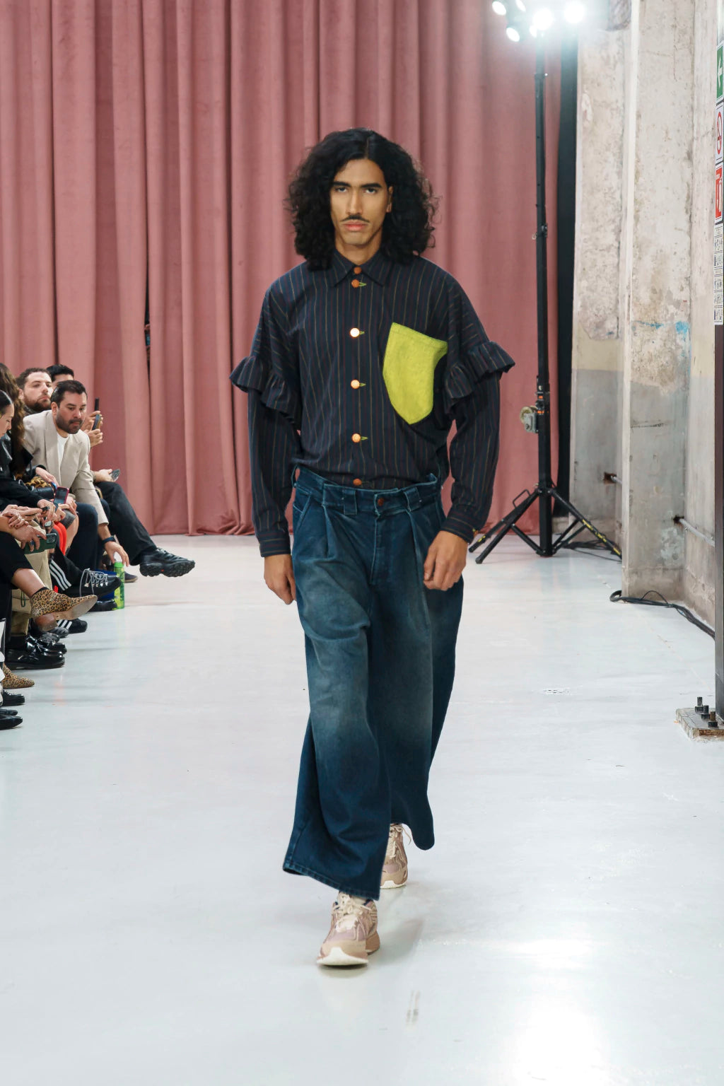 MANCANDY Neon Pocket Pinstripe Shirt in navy multi-pinstripe cotton with sculptural sleeves and contrast neon chest pocket.