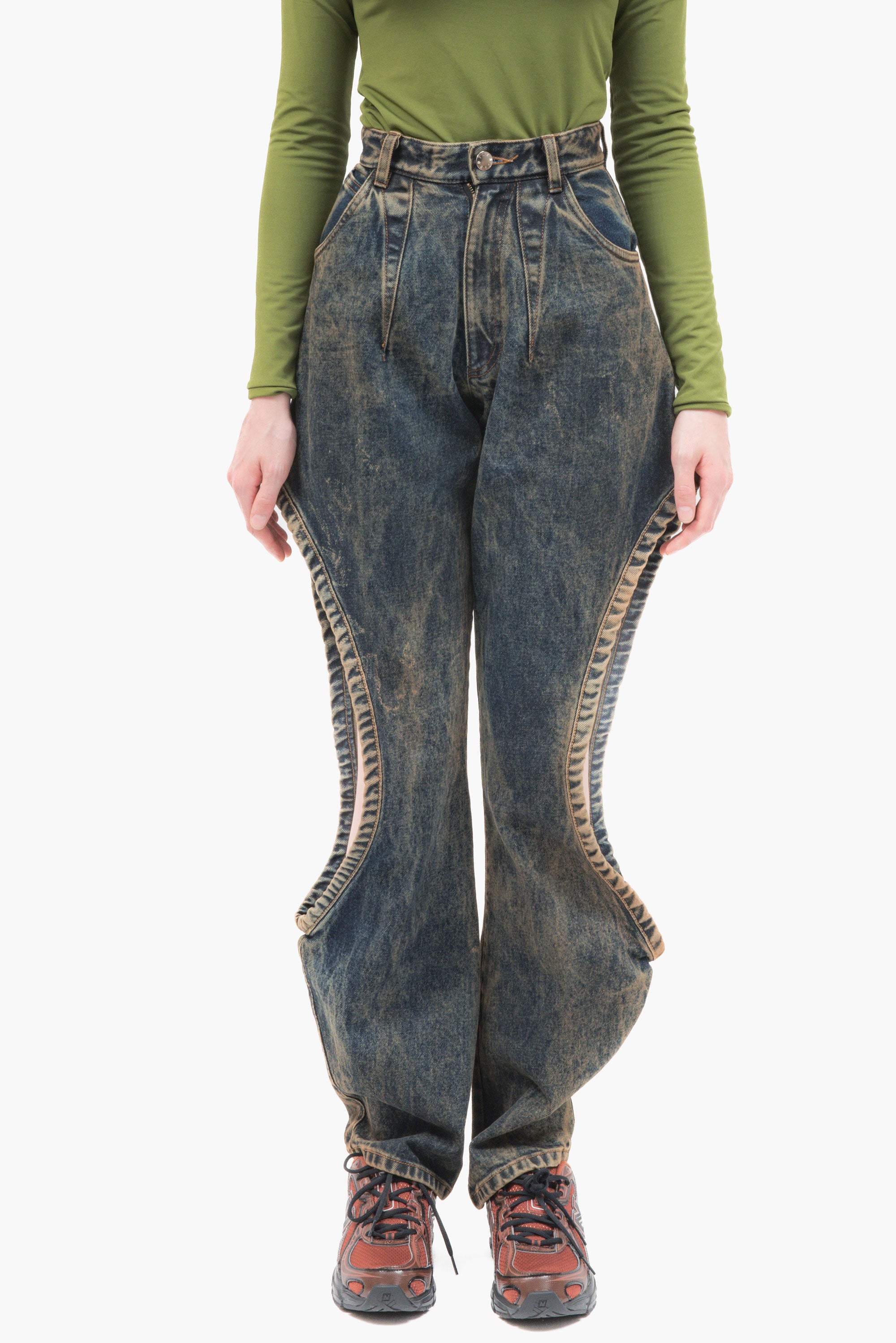 MANCANDY One Bite Jeans Dusty Blue in 100% cotton denim featuring a signature side cut-out, sculpted front pleat detail and embroidered back pocket logo.