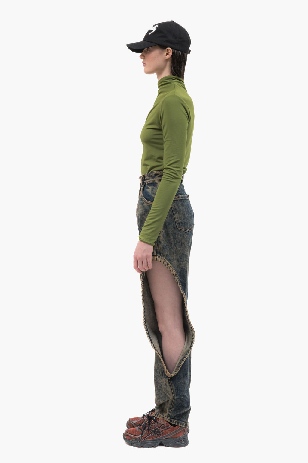 MANCANDY One Bite Jeans Dusty Blue in 100% cotton denim featuring a signature side cut-out, sculpted front pleat detail and embroidered back pocket logo.