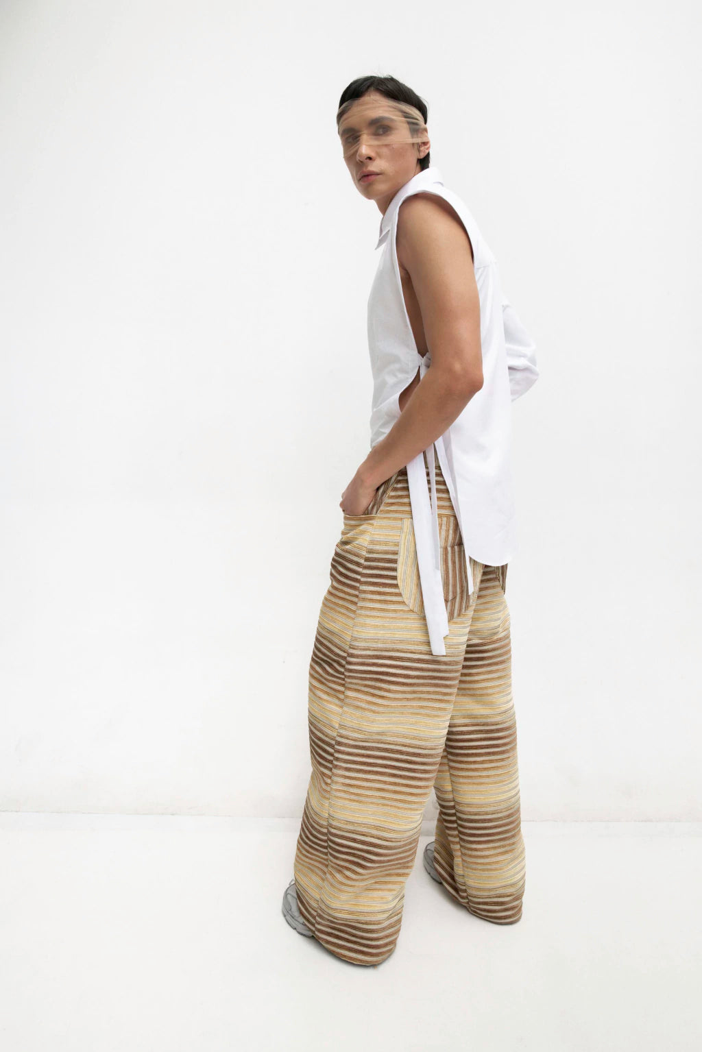 MANCANDY Reconstructed Shirt in white cotton poplin with asymmetric one-sleeve construction and side-tie closure.