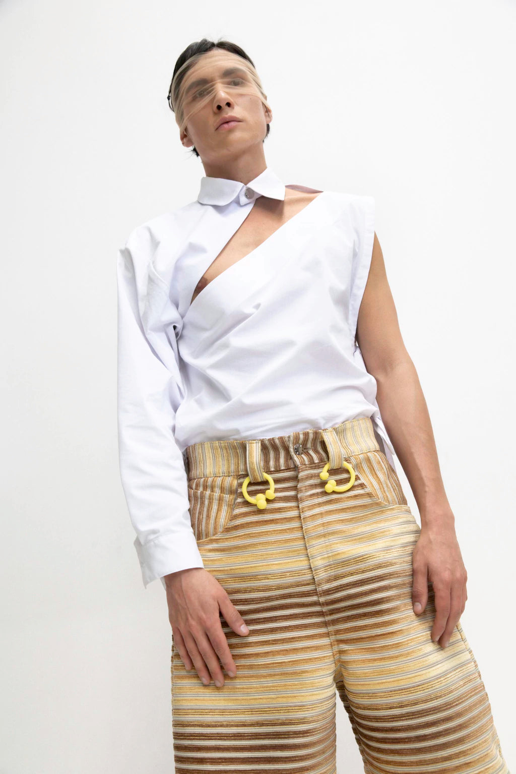 MANCANDY Reconstructed Shirt in white cotton poplin with asymmetric one-sleeve construction and side-tie closure.