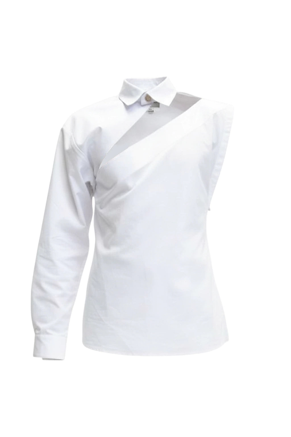 MANCANDY Reconstructed Shirt in white cotton poplin with asymmetric one-sleeve construction and side-tie closure.