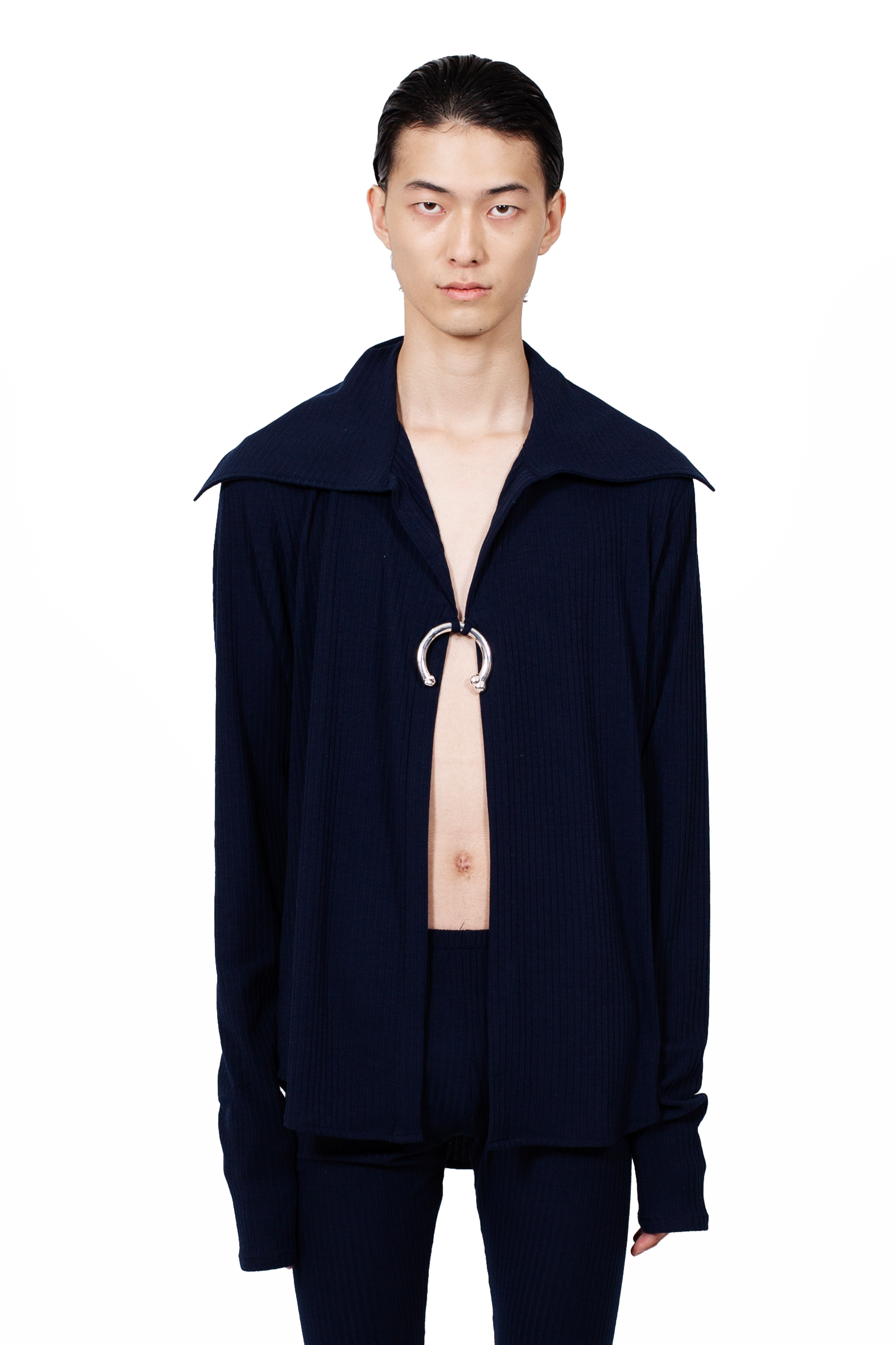 MANCANDY Ring Rib Shirt in cotton rib with oversized collar and handcrafted metal ring closure.