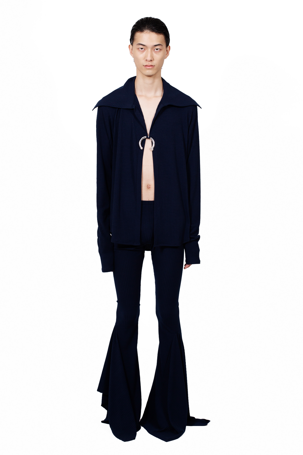 MANCANDY Ring Rib Shirt in cotton rib with oversized collar and handcrafted metal ring closure.