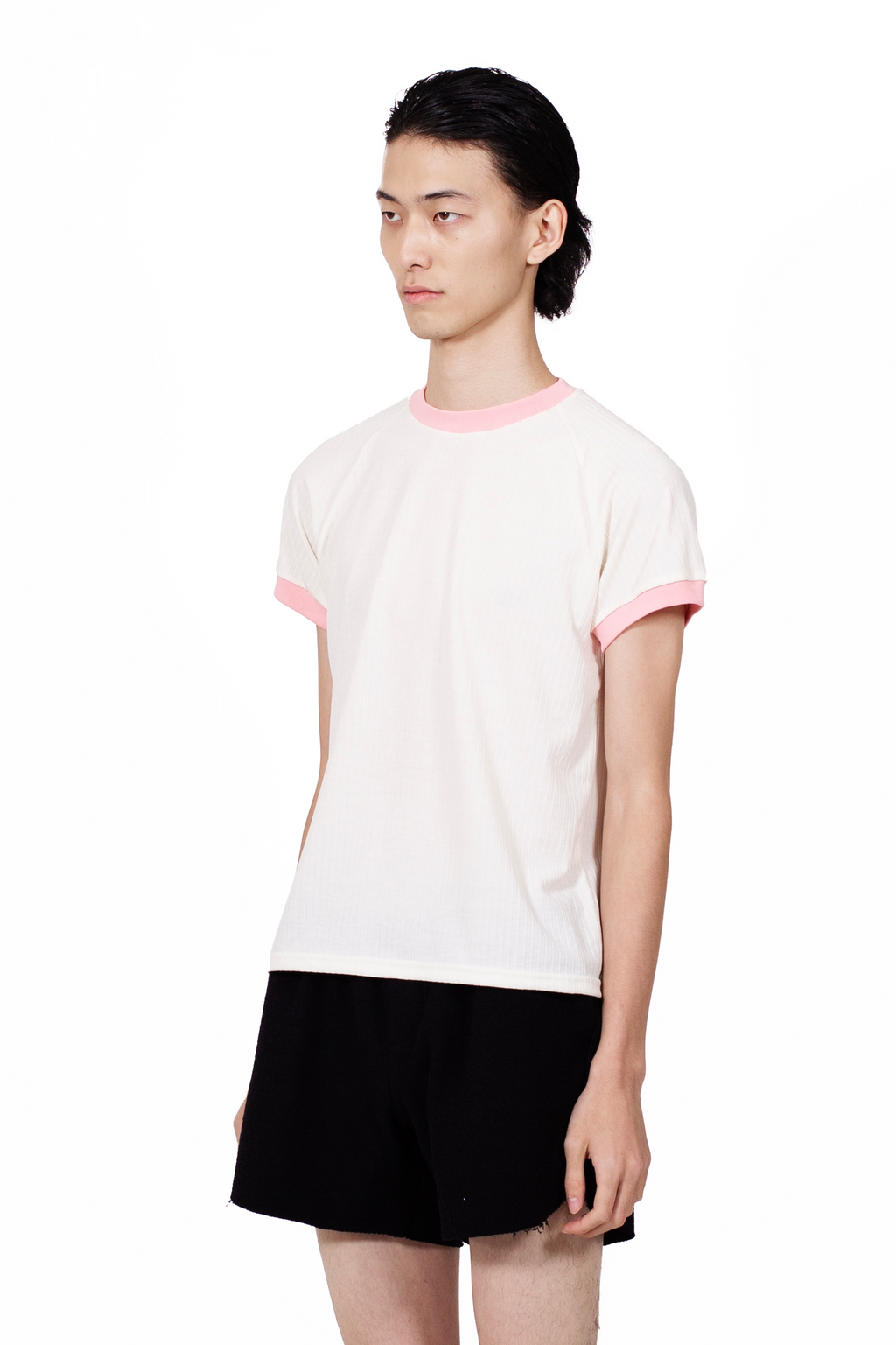 Ringer Raglan T-Shirt in cotton rib jersey with contrast pink neckline and sleeve binding.