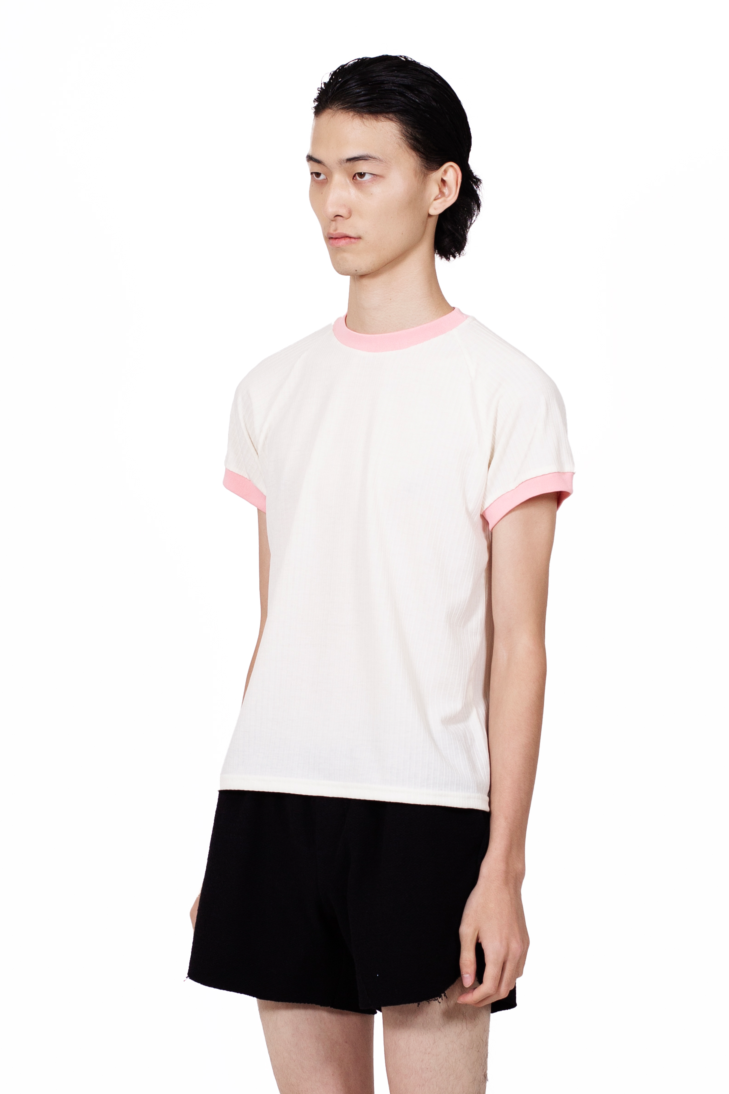 Ringer Raglan T-Shirt in cotton rib jersey with contrast pink neckline and sleeve binding.
