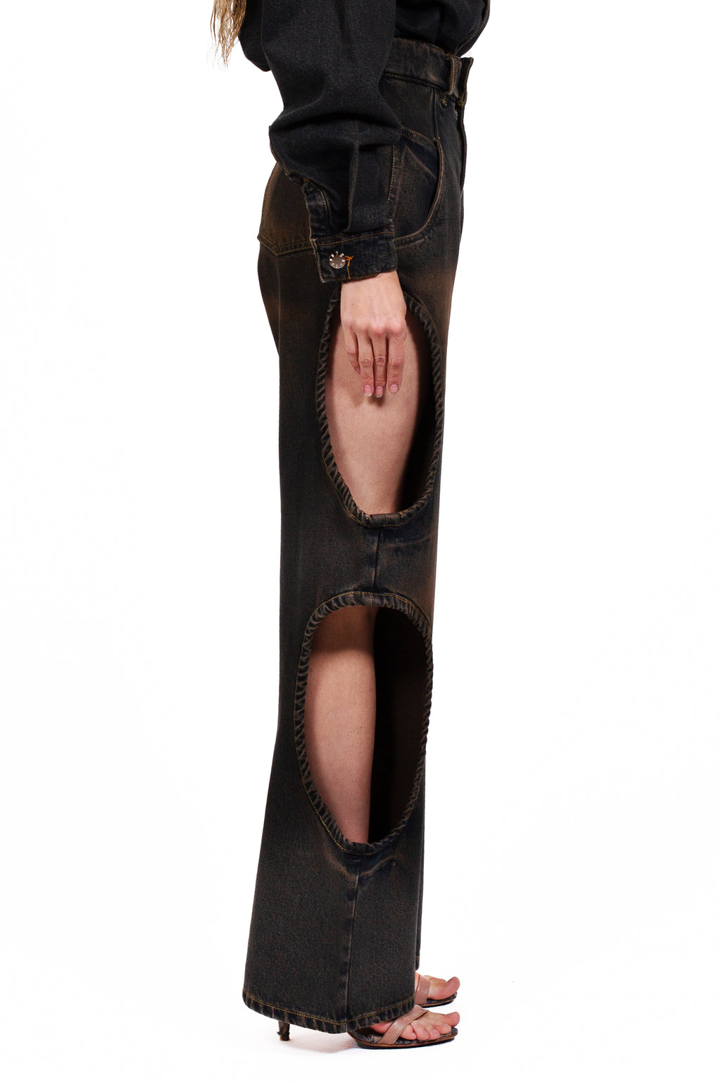 MANCANDY Bite Jeans® Rodeo in indigo brown cotton denim featuring signature side cut-outs and a flared leg silhouette.