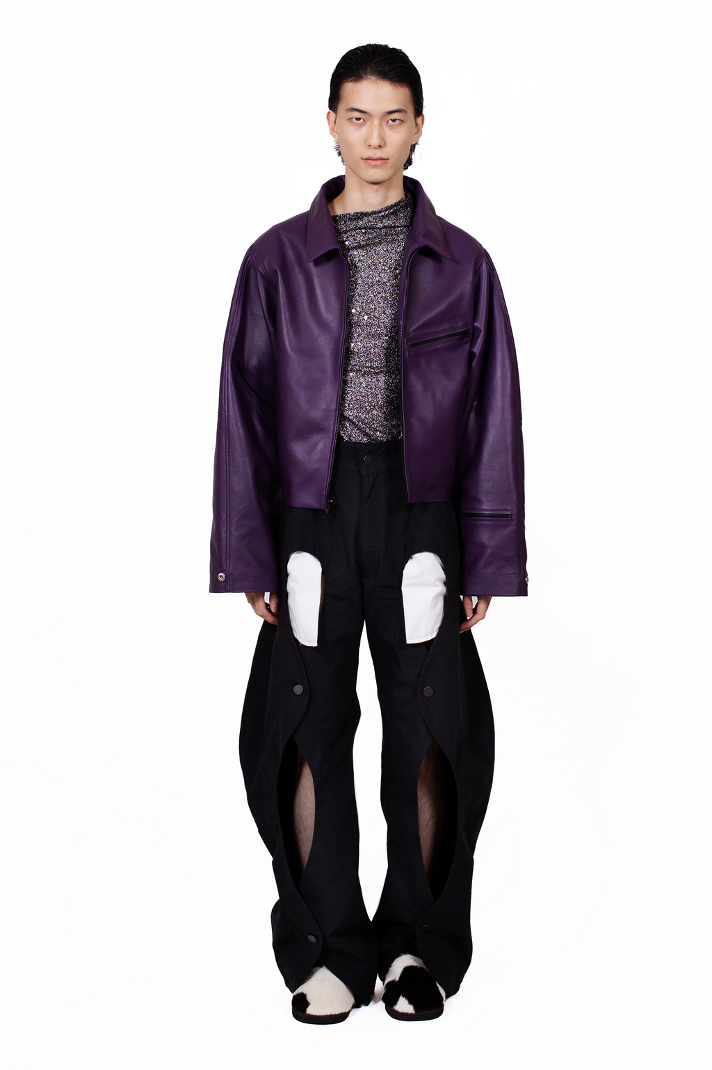 MANCANDY Rodeo Pants in cotton gabardine featuring buttoned front openings, contrasting patch pockets and a wide-leg silhouette.