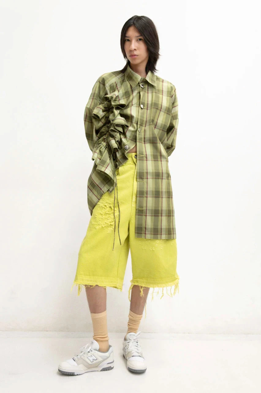 MANCANDY Ruffled Plaid Wide Shirt featuring an adjustable drawstring front drape, oversized silhouette and sculptural volume.