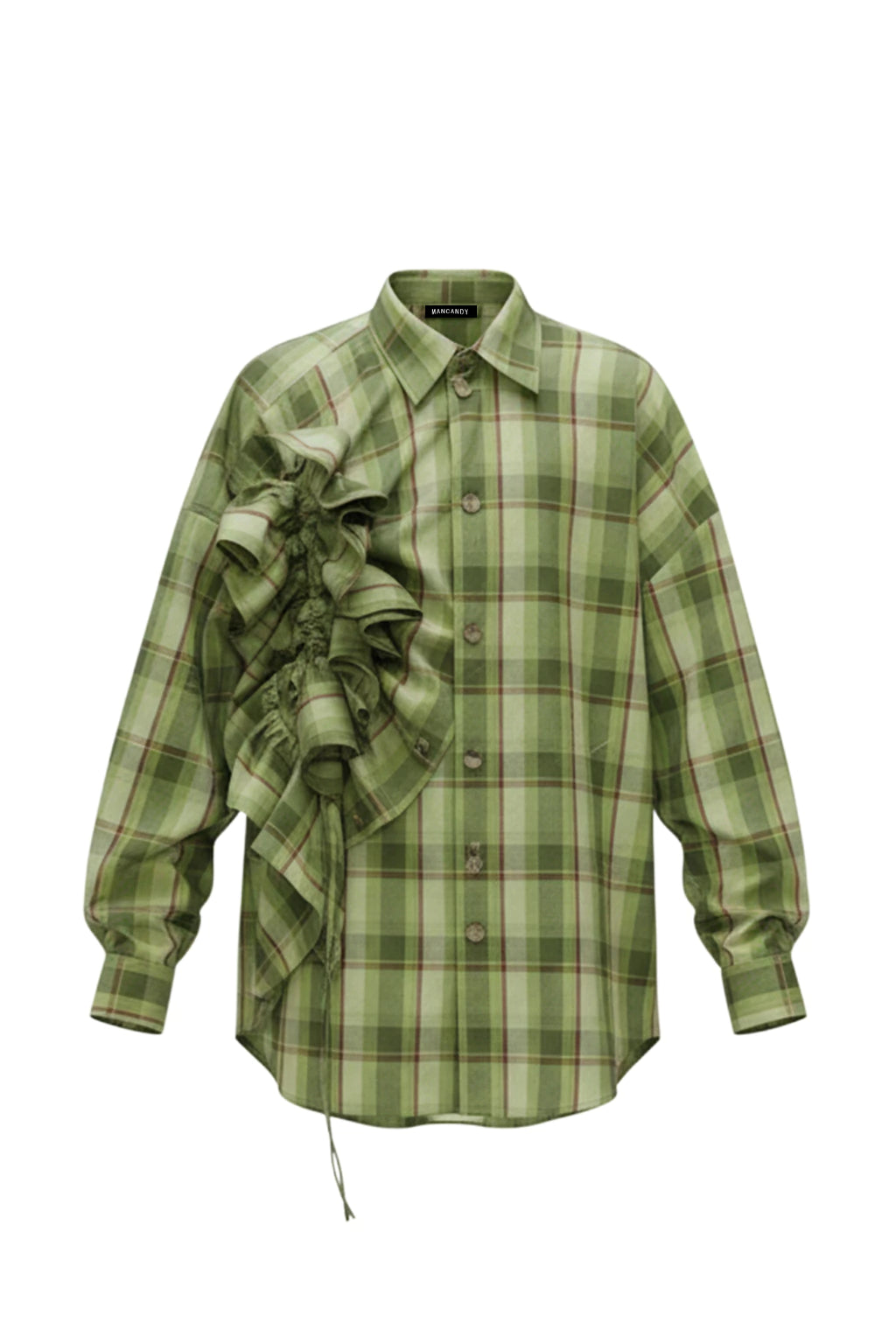 MANCANDY Ruffled Plaid Wide Shirt featuring an adjustable drawstring front drape, oversized silhouette and sculptural volume.