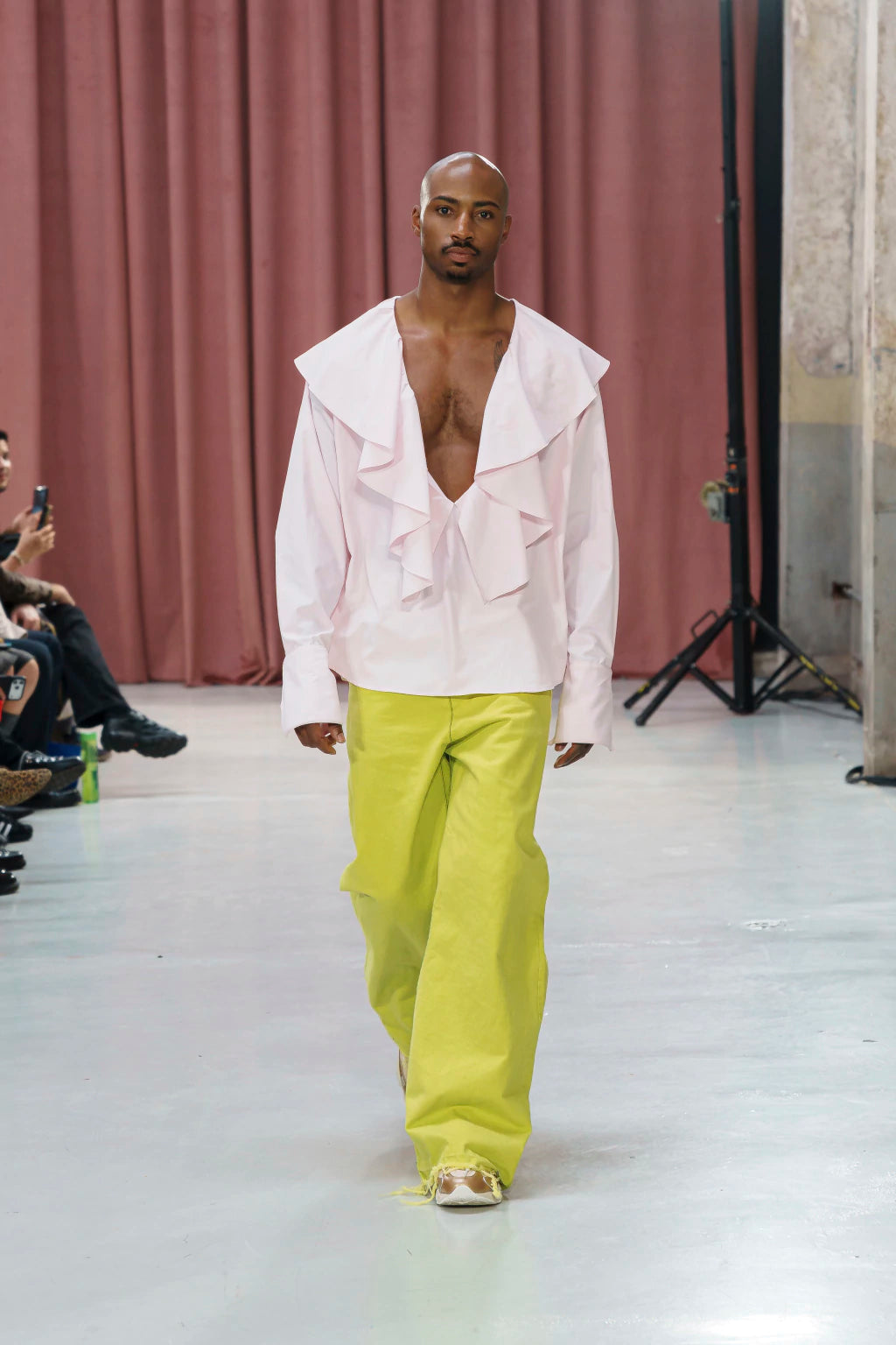 MANCANDY The Lover Shirt in soft pink poplin with cascading ruffles and deep open neckline.