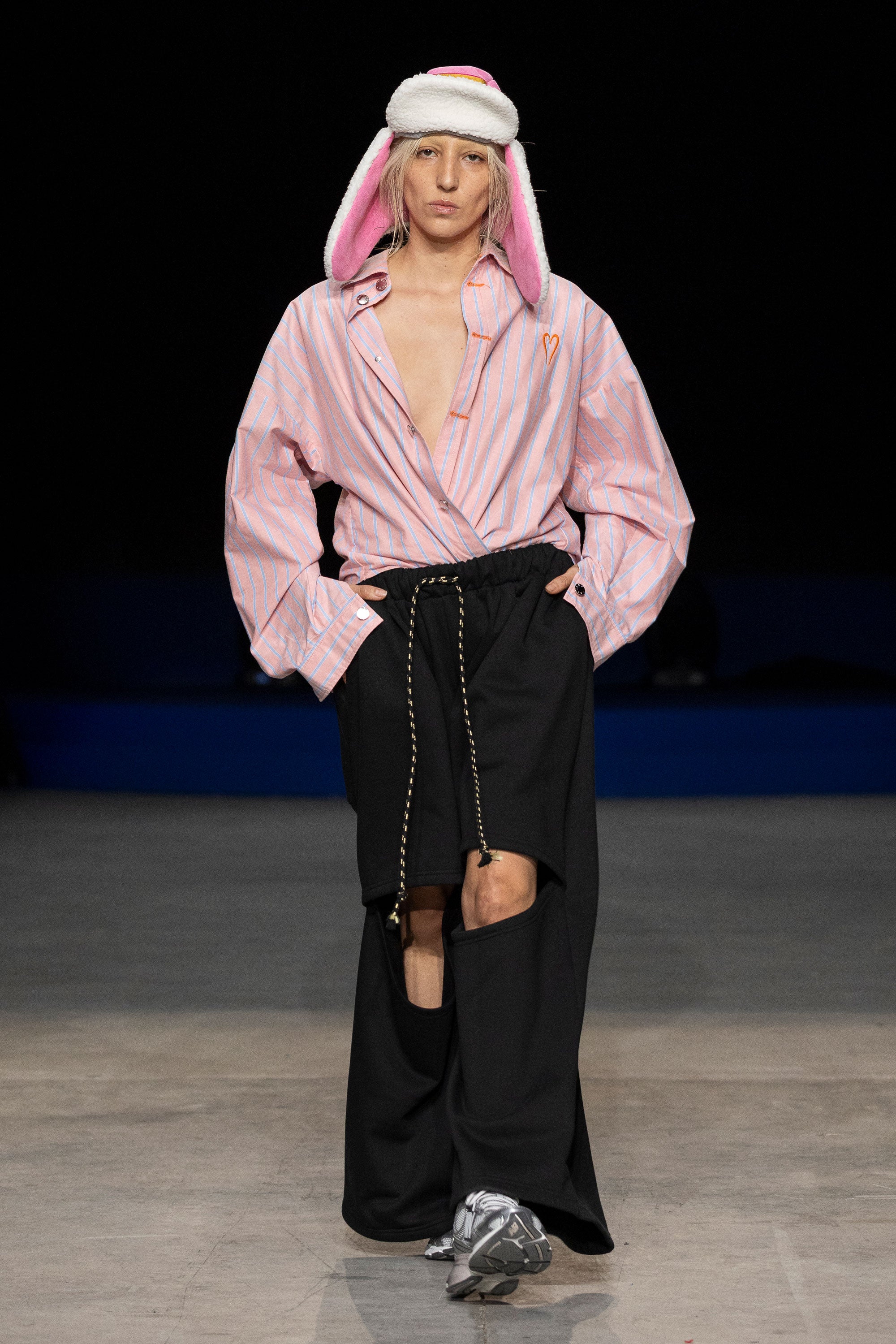 MANCANDY Deconstructed Sweatpants in black heavyweight fleece featuring oversized wide legs, front cut-outs and extended length.