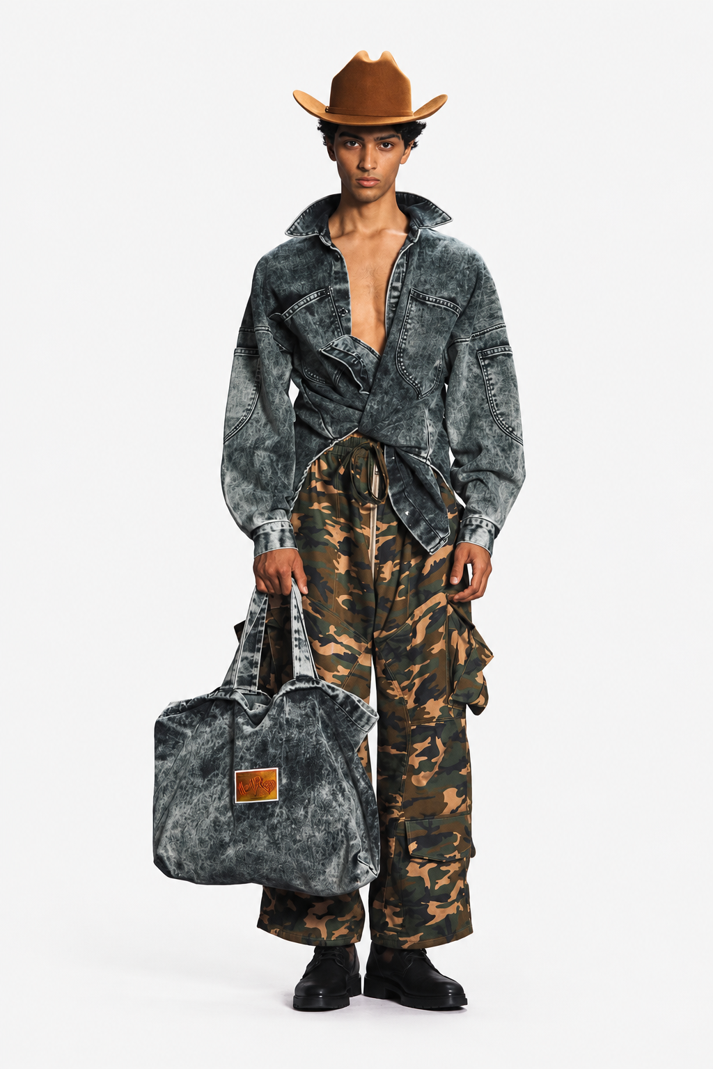 MANCANDY Wide Denim Overshirt in heavyweight Ashes acid-wash denim with chest and sleeve pockets, styled with camouflage cargo pants