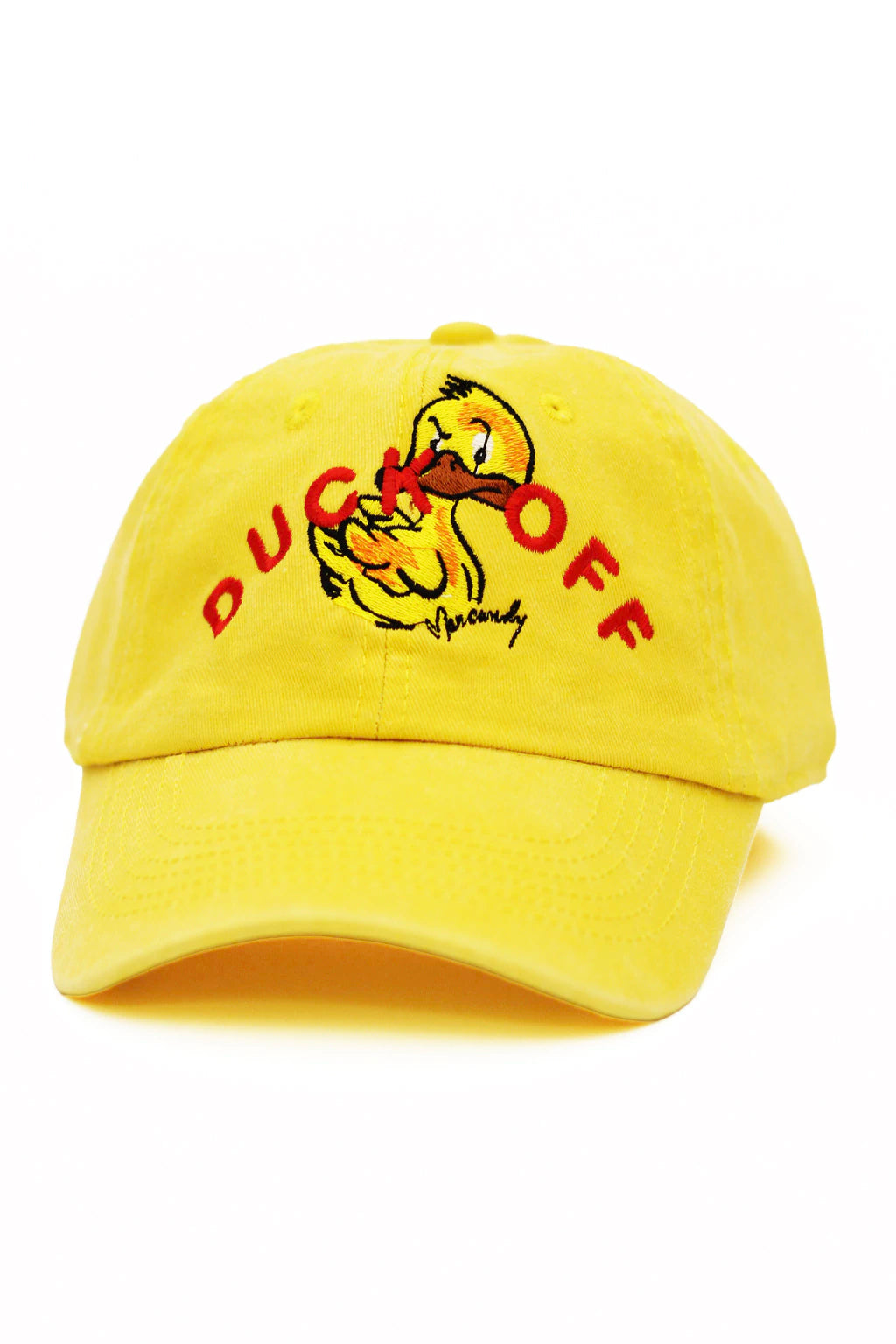 MANCANDY Duck Off Cap in cotton gabardine featuring multicolor embroidered graphic and curved brim.